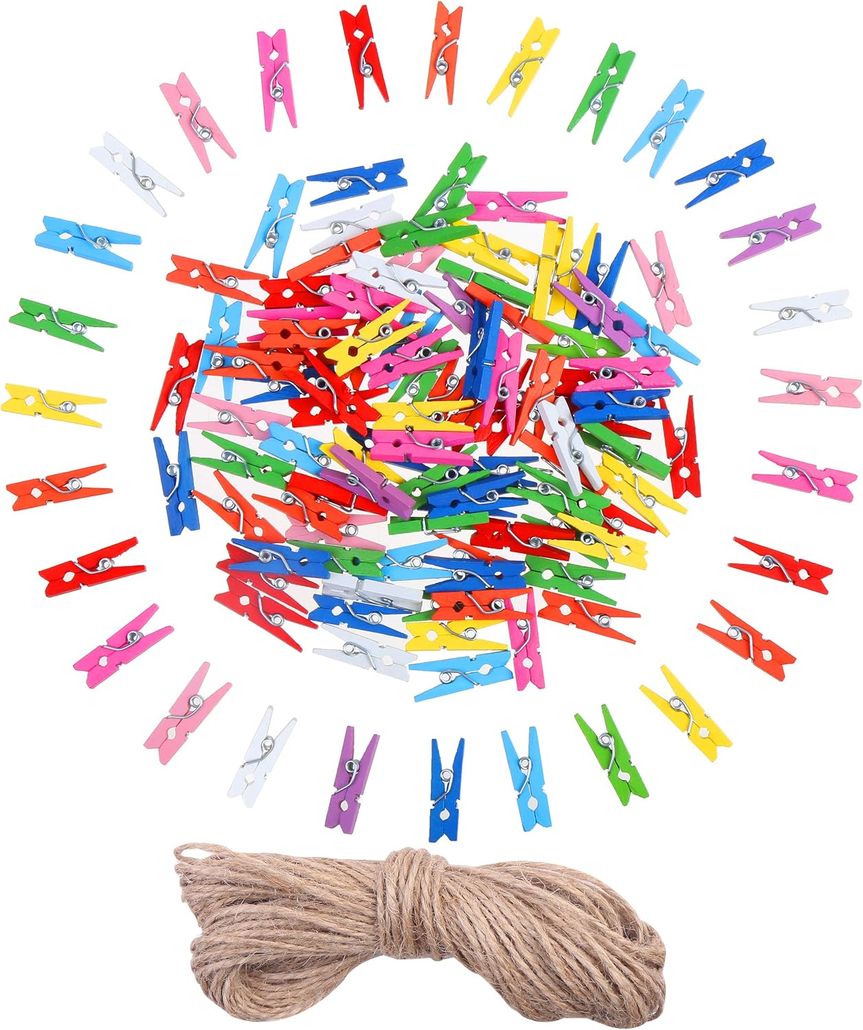 DIYASY 120 Pcs Mini Colored Wood Clothespins,1 Inch Craft Clips Photo Paper Peg Pin with Jute Twine for Photo and Picture Hanging.