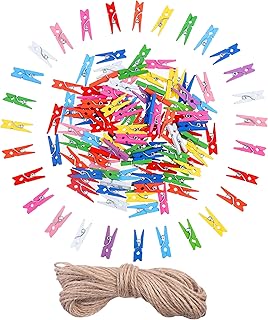 DIYASY 120 Pcs Mini Colored Wood Clothespins,1 Inch Craft Clips Photo Paper Peg Pin with Jute Twine for Photo and Picture ...