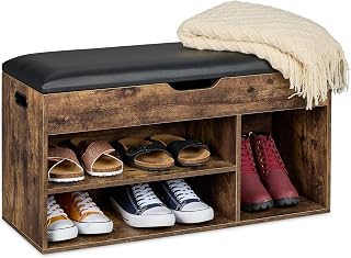 Relaxdays Shoe Bench, Seat Bench with Storage Space, 3 Compartments, for Shoes, LGBT: 46 x 80 x 30 cm, Industrial Upholstery Counter, Brown/Black