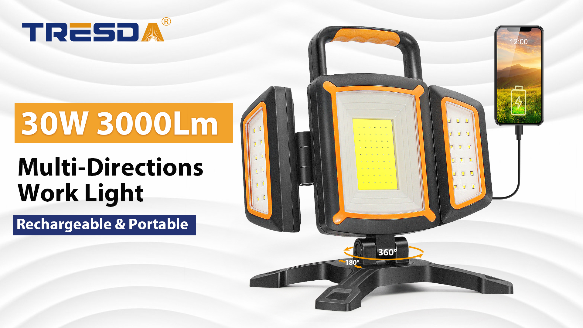 Tresda 30W Rechargeable Work Light, 3000 Lumen Magnetic Work Light