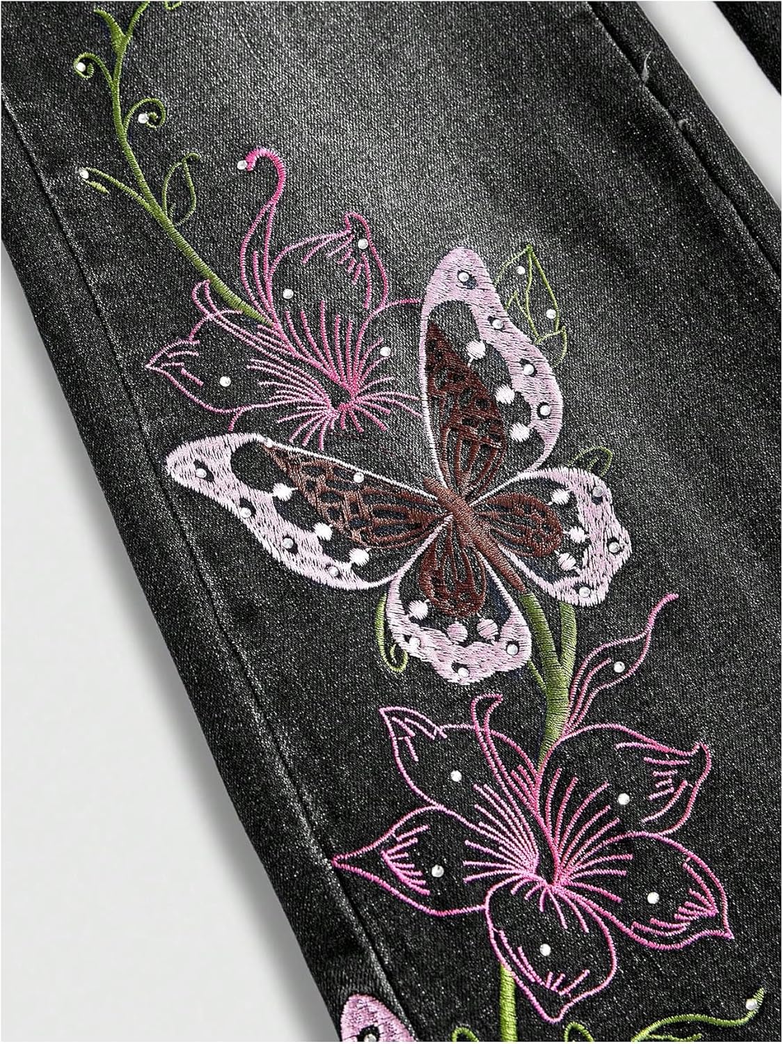 MAKEMECHIC Women's Bell Bottom Jeans Y2k Low Rise Butterfly Embroidery Flare Denim Pants