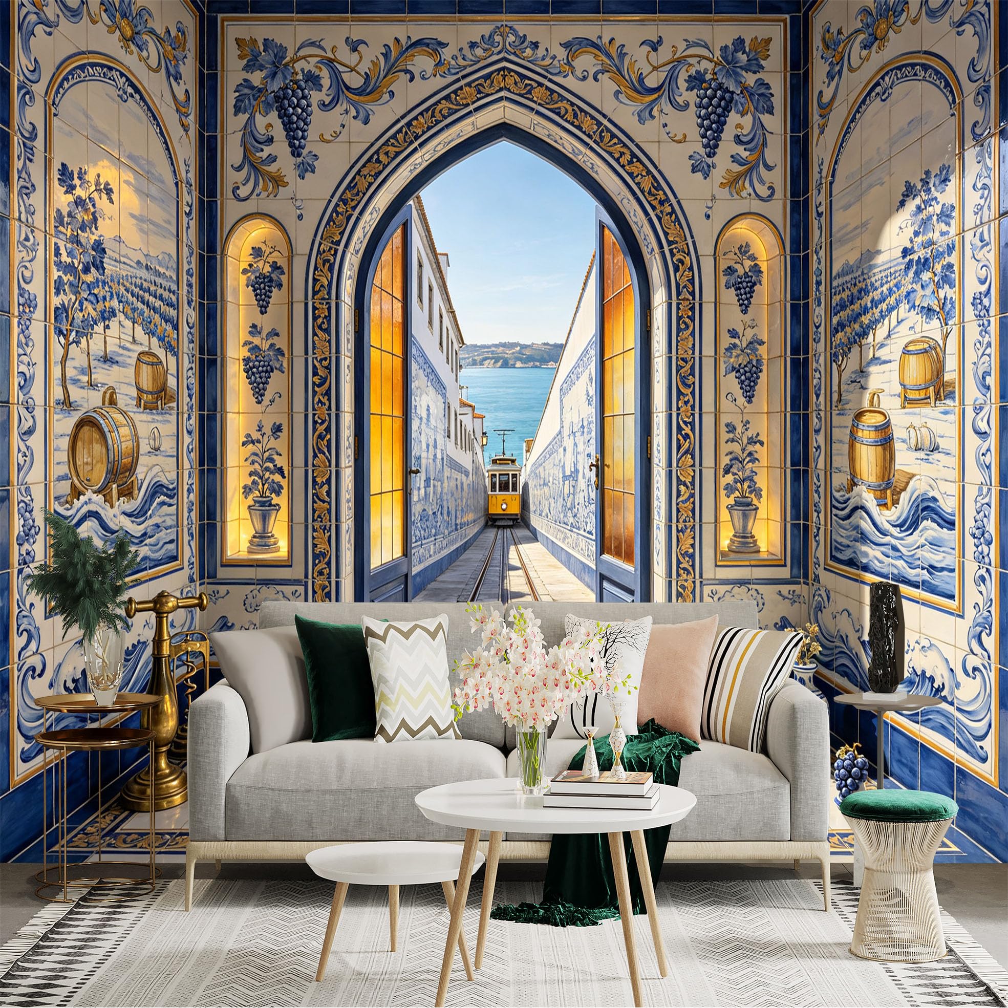 Custom Size Wall Sticker Mural， Blue Ceramic Tile Archway， Coastal Tram and Seaside View， for wall Decoration， peelandstick wall Decals.