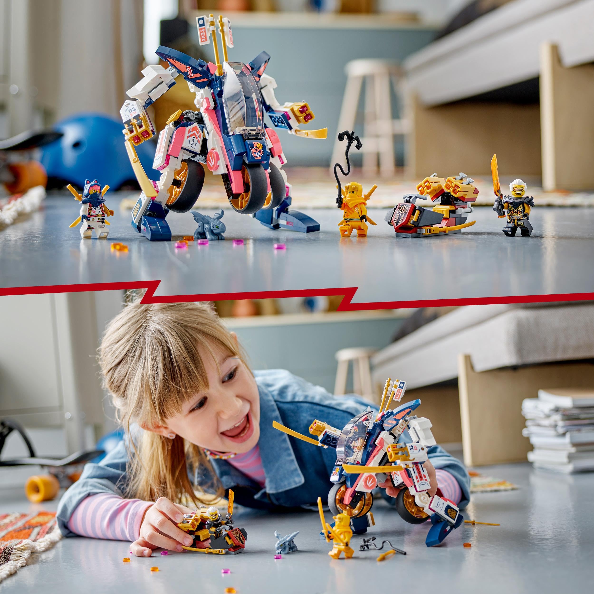 LEGO 71792 NINJAGO Soras transformierender Mech-Bike-Renner, 2in1 Set mit transformierender Mech-Actionfigur, Motorrad-Spielzeug Set mit 3 Minifiguren für Kinder, Jungen und Mädchen