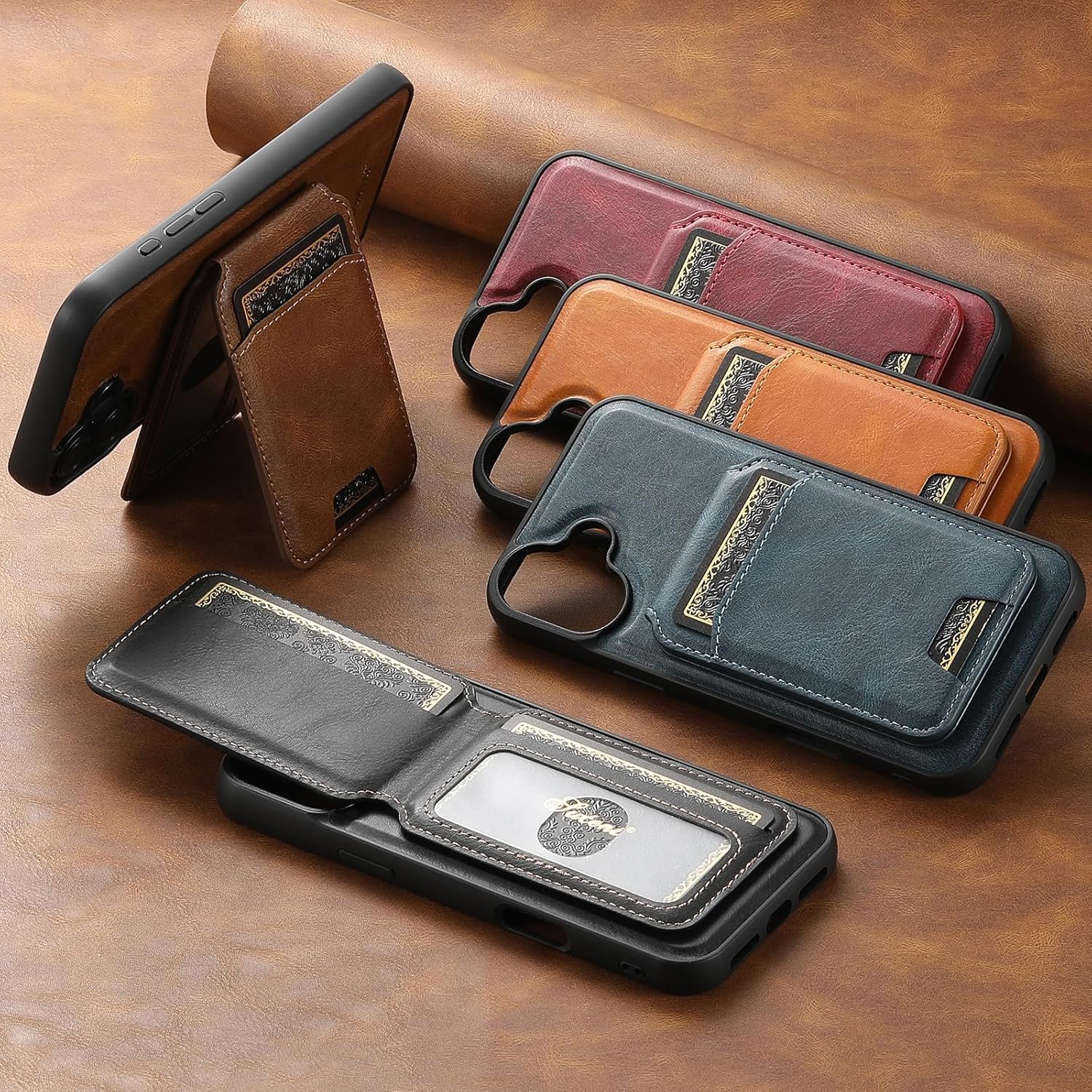 PASNEW for iPhone 17 Wallet Case with Card Holder,Luxury Leather Wireless Charging,RFID Blocking for Women Men,Kickstand Shockproof Phone Cases for Women Men,Brown