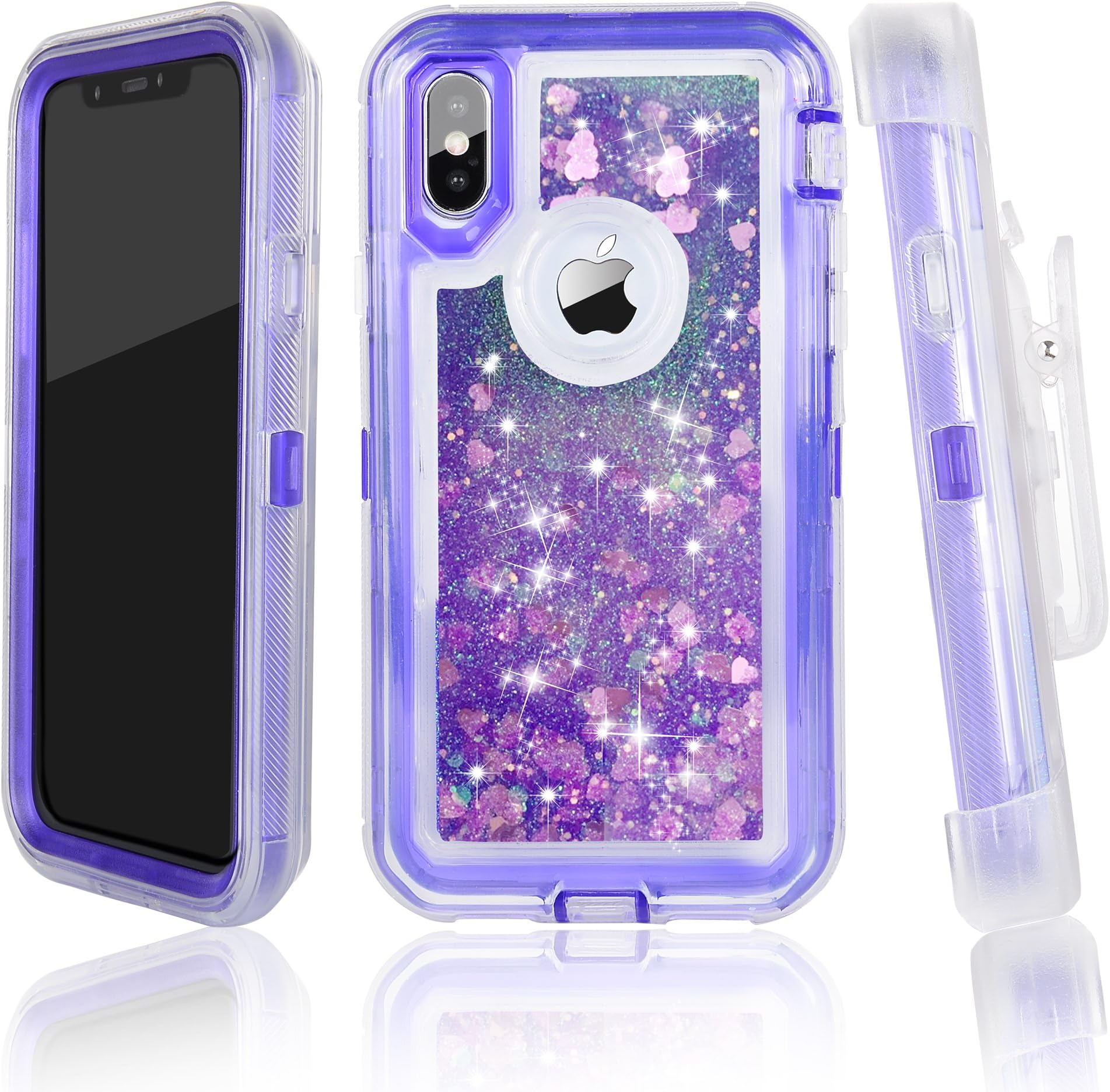 iPhone X Case, iPhone Xs Case, iPhone 10 Case with Carrying Belt Clip, 3D Floating Glitter Quicksand Cover for iPhone X XS, Hard PC Frame Soft TPU, 3-Layer Shockproof Bumper Anti-Drop (Purple)