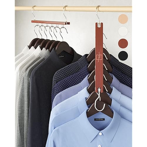 MORALVE Space Saving Hangers for Closet – 4 Pack European Beechwood 6-Tier Shirt Organizer with 360° Swivel Hook – Collapsible Clothes Hanger for Closet Organization (Hangers Not Included)