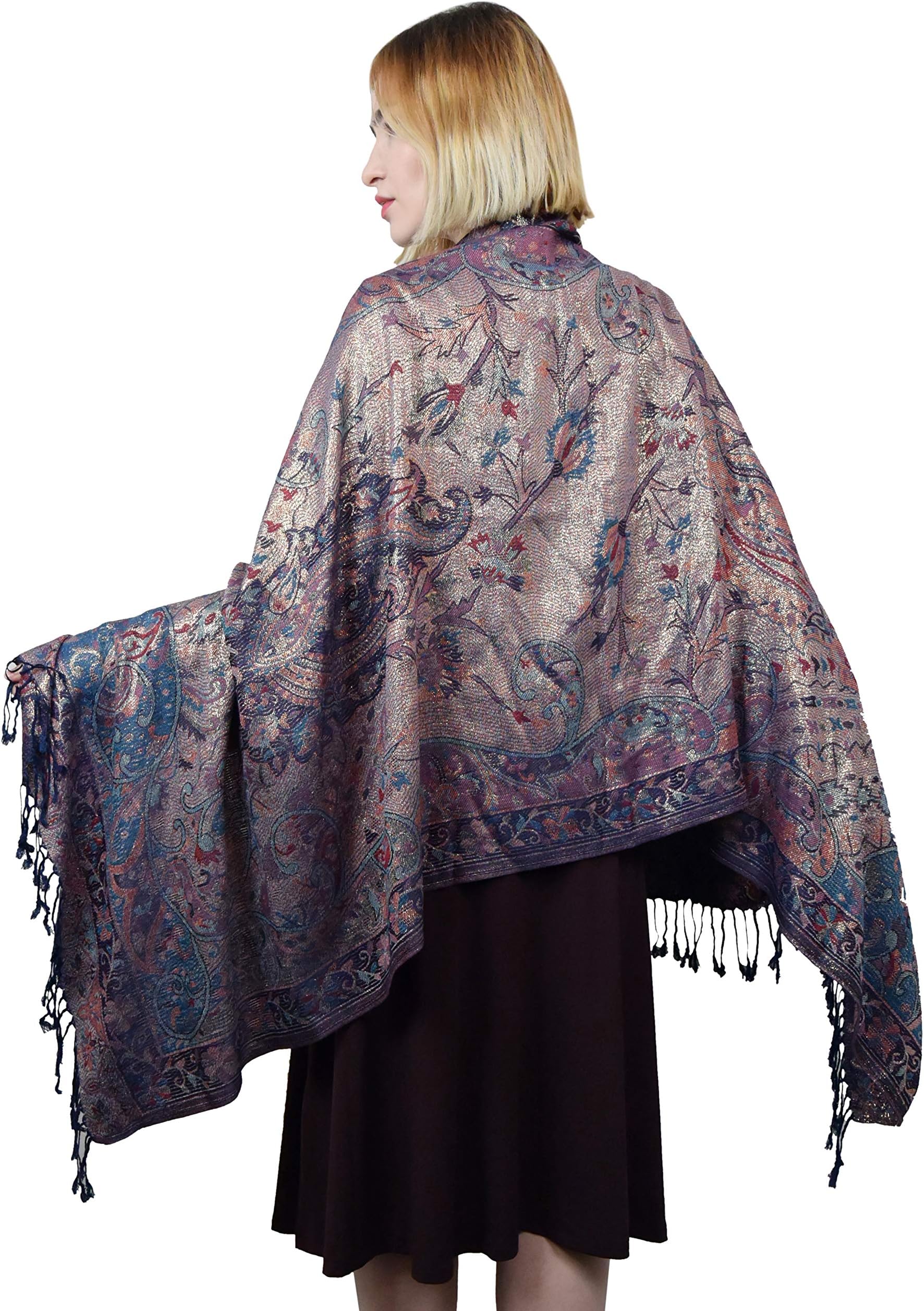SEW ELEGANT NEW Ladies Women Classical Paisley Metallic Persian flower Thread Pashmina Scarf
