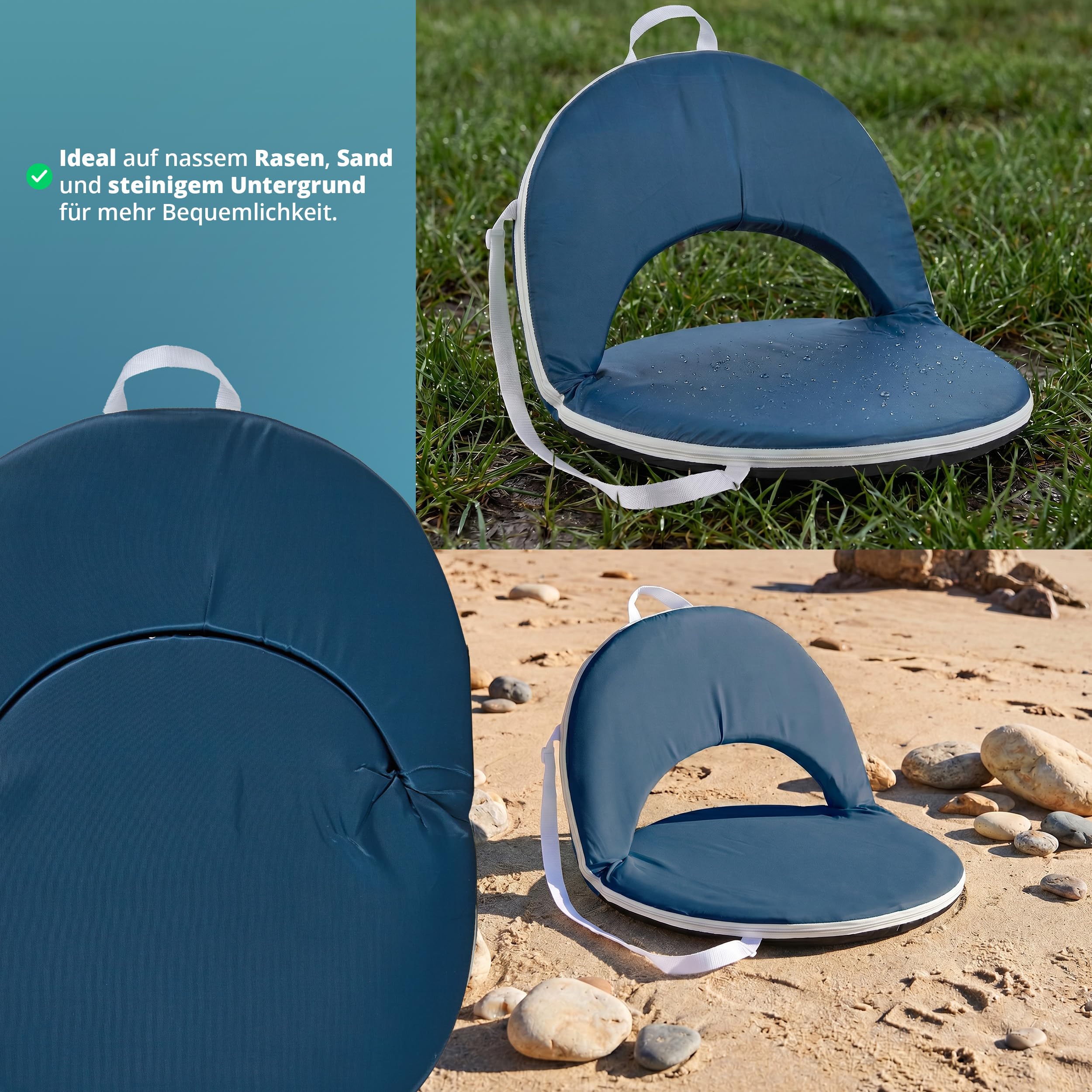 KHG Sitzkissen 2 Stück blau, Strandliege mit Verstellbarer Rückenlehne | faltbarer Bodenstuhl aus Polyester und Stahl-Gestell mit Schulterriemen für Strand, Park usw, 2 kg 55x5x75 cm