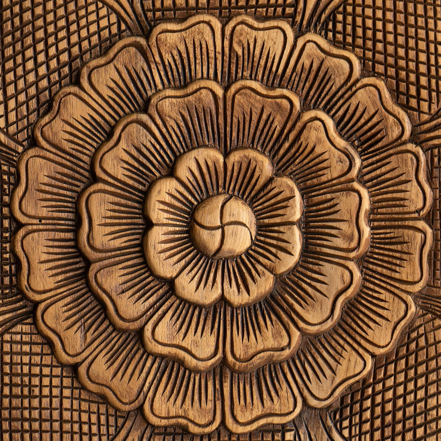 Siam Sawadee Queen Mandala Head Board Wood, Carve Wall Art Hanging, Reclaim Teak Medallion Panels, Weathered Brown Stain Finishing, 60 inches