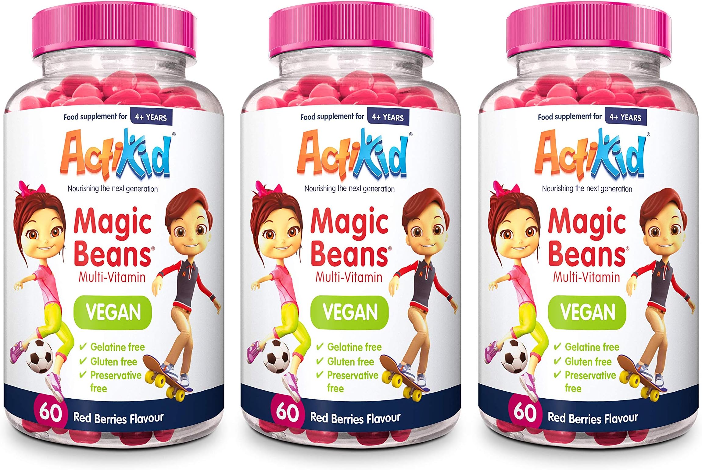 3X ActiKid Magic Beans Vegan Multi-Vitamin 60x Red Berries Flavour | Gelatin Free | Immune System | Kids Vitamins | Kids Multivitamin | Childrens Vitamins