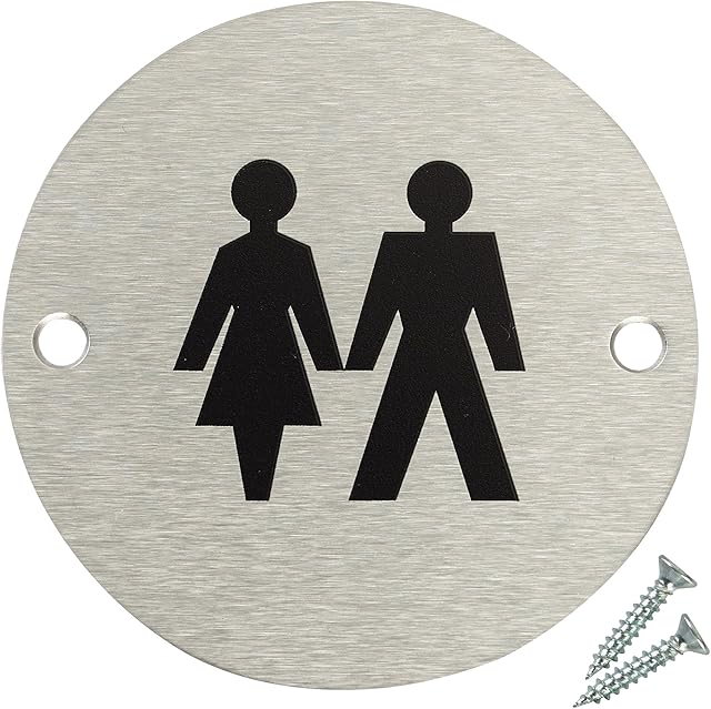 Fire Door Guru® Unisex Toilet Door Sign - 76mm Disc - Stainless Steel Safety Sign - Fixings Included