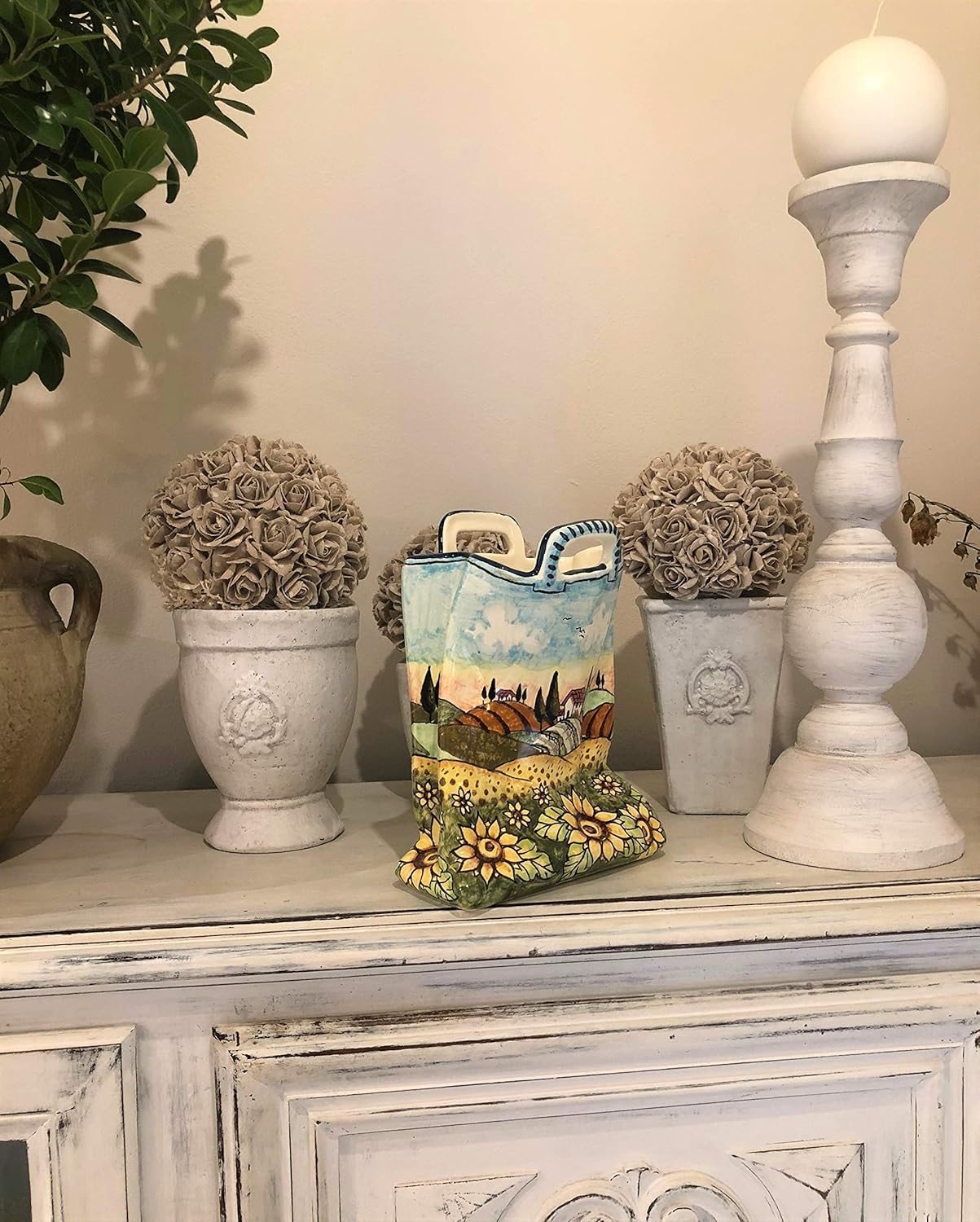 CERAMICHE D'ARTE PARRINI - Italian Ceramic Art Pottery Bag Planter Flowerpot Hand Painted Decorated Sunflowers Landscape Made in ITALY Tuscan