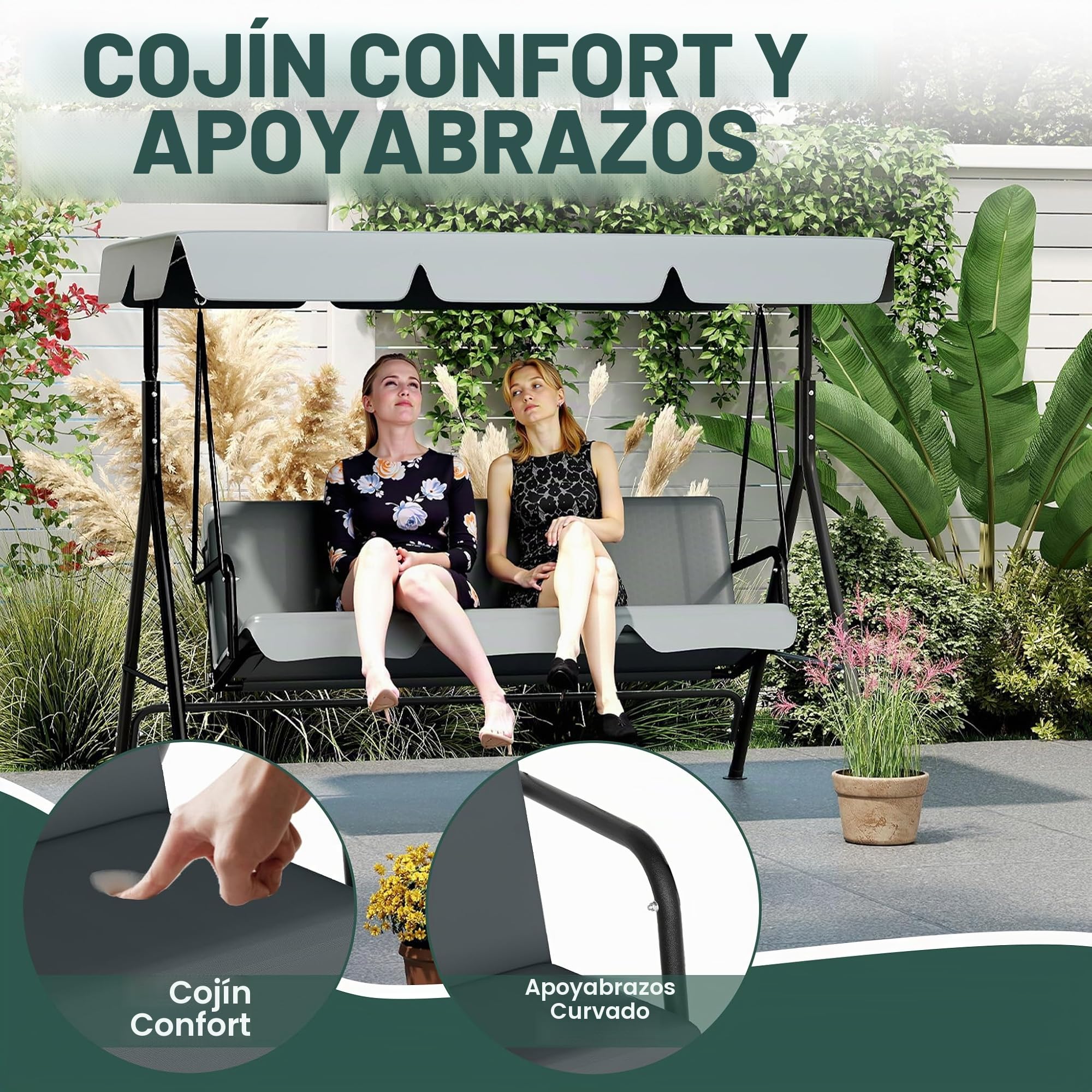 176x110x152cm columpio Hollywood de jardín con toldo y cojín de asiento y marco de acero, banco balancín de jardín de 3 plazas, capacidad de carga hasta 200KG, banco balancín tumbona de jardín