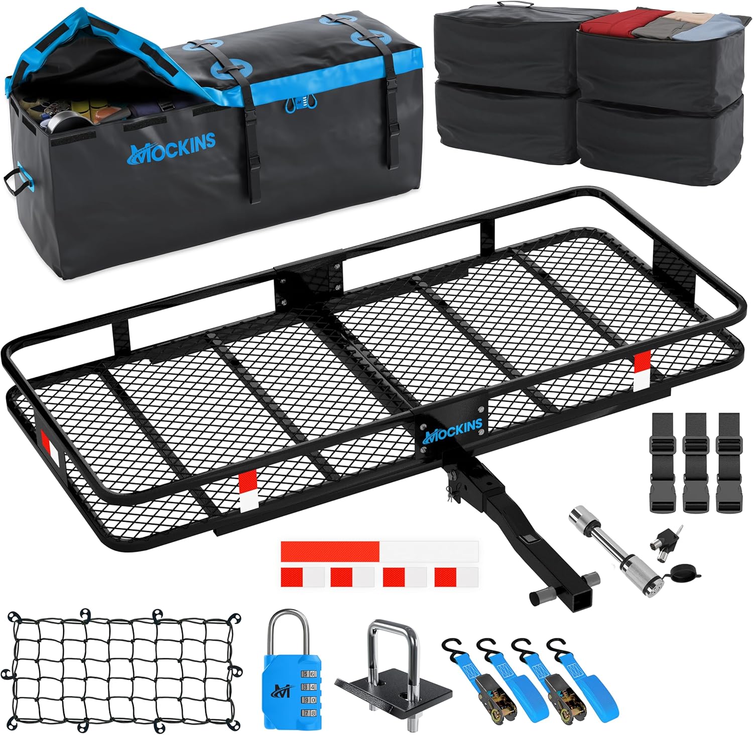 Mockins 60" x 20" x 6" Folding Trailer Hitch Cargo Carrier with 16 CuFt Waterproof Cargo Bag and 4 Packing Cubes