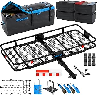 Mockins 60"x20"x6" Folding Trailer Hitch Cargo Carrier w/ 16 CuFt Waterproof Cargo Bag for Hitch Carrier & 4 Packing Cubes | 500 Lbs Cap Car Trailer Rack & Waterproof Truck Bed Storage w/Accessories