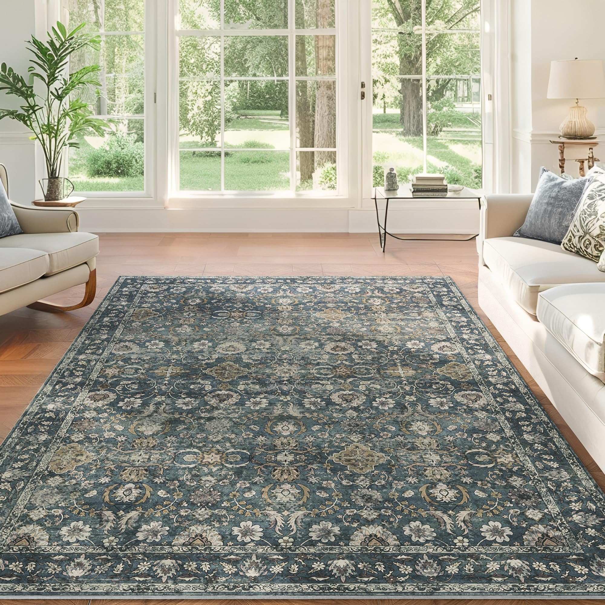 Photo 1 of ***FACTORY SEALED*** ARKIIKI 9x12 Area Rug for Living Room, Soft Large Rugs Blue Washable Rugs, Indoor Vintage Carpet for Bedroom Dining Room Office, Rubber Backed Non Slip Low Pile Mat, Deep Blue