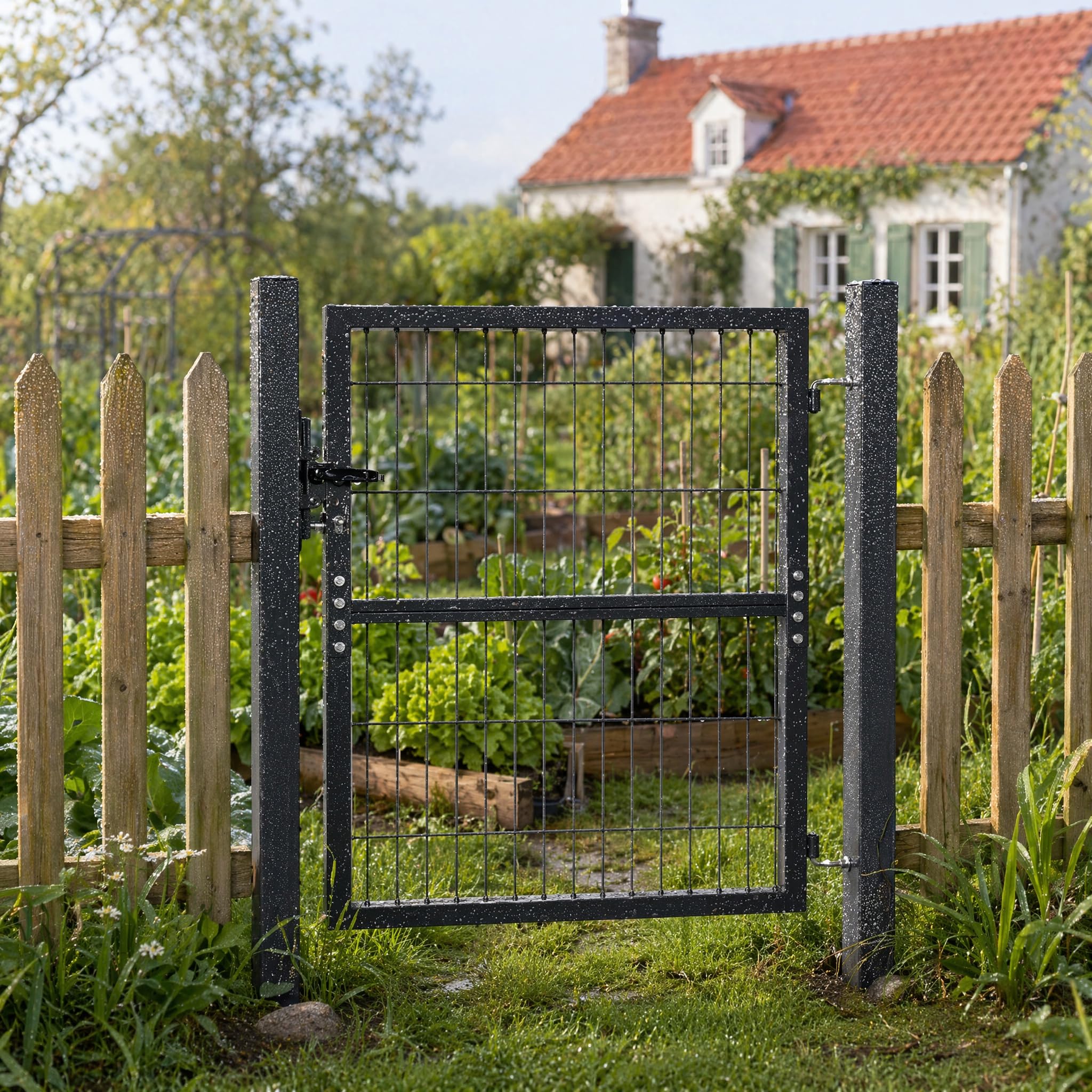 Stahl Zauntor mit Schloss & 3 Schlüsseln, Wetterfest PE-Beschichtetes Gartentor, Abschließbares Einfahrtstor inkl. Pfosten & Befestigungsmaterial, Außentür für Garten Werkstatt & Hof (125x100cm)