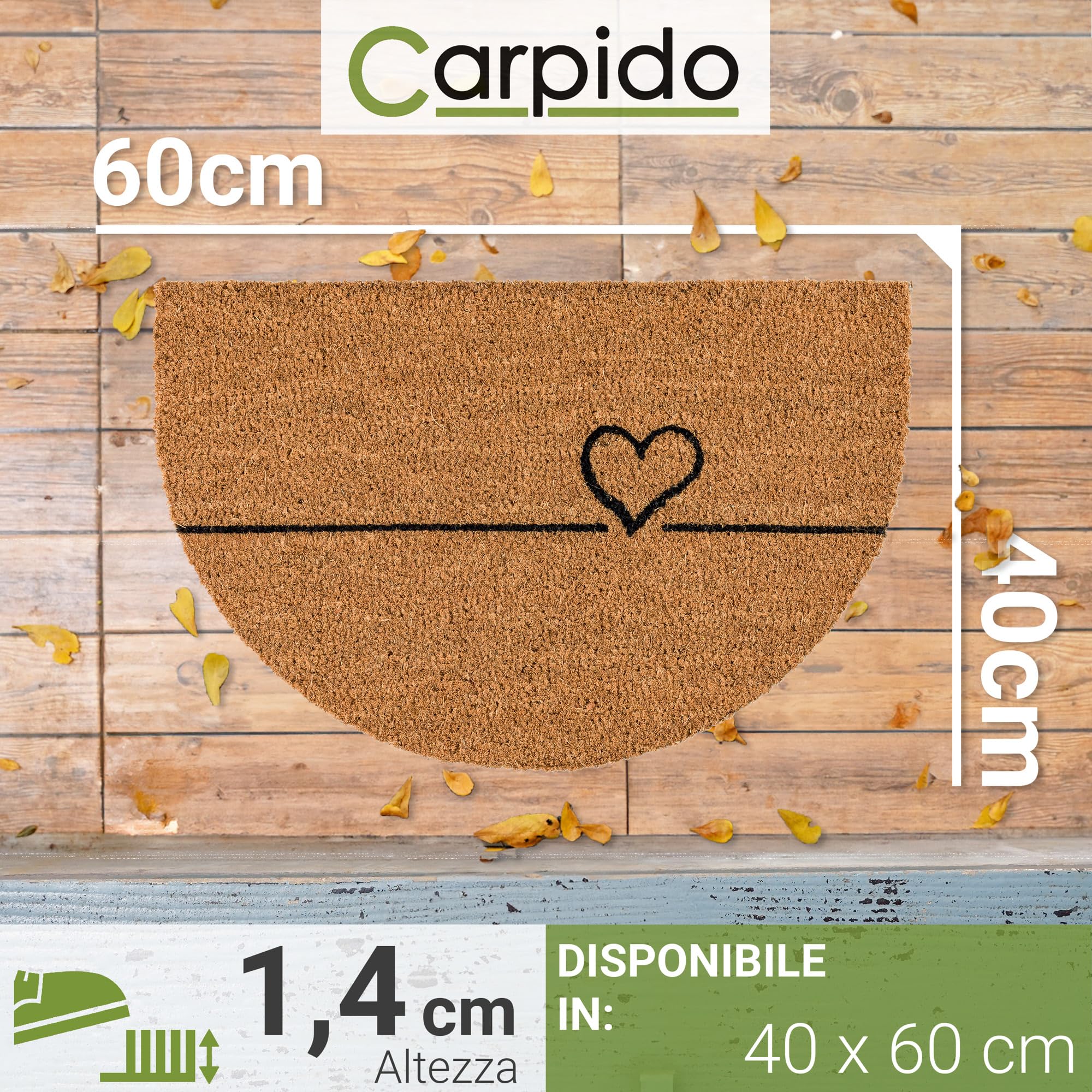 Carpido Zerbino in fibra di cocco a linee semicircolari - clean run 40x60 cm zerbino per porte interne antibatterico in fibra di cocco - materiale naturale