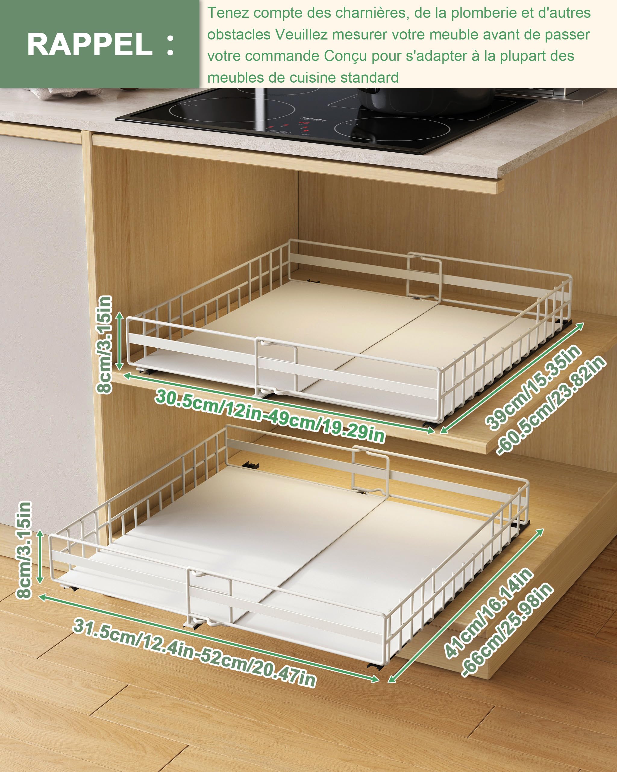 UMDONX Lot de 2 organiseurs de tiroirs télescopiques extensibles avec colle pour armoires de cuisine, tiroirs de cuisine, organiseurs à tirer (blanc)