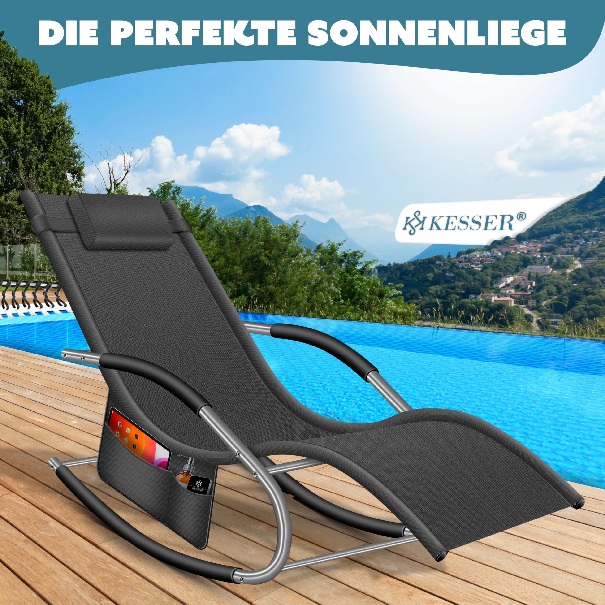 KESSER® Sonnenliege Relaxliege Schwungliege | Gartenliege | Gartenstuhl | Liegestuhl | Schaukelsessel | ergonomische Relaxsessel | Kopfkissen | wetterfest | 150 kg Belastung | Anthrazit