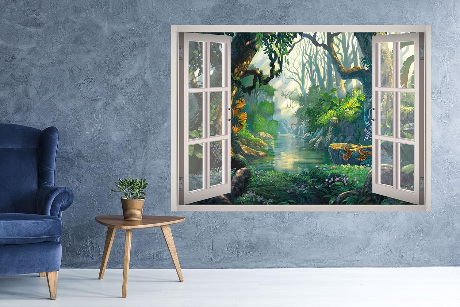 Wild Forest River View Window 3D Wall Decal Art Removable Wallpaper Mural Sticker Vinyl Home Decor West Mountain™ W139 (Large (49''W x 35''H))