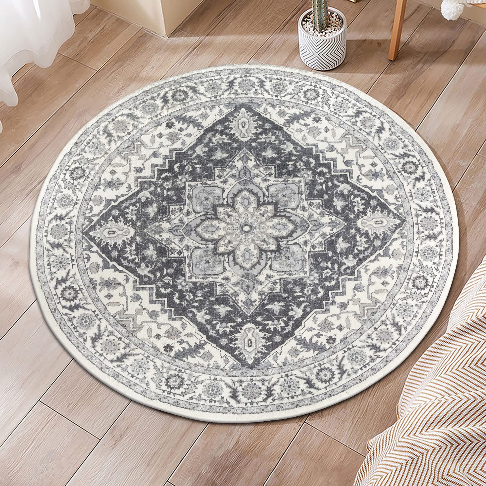 Topotdor Boho Round Area Rug 4Ft Washable Circle Rug Vintage Distressed Medallion Round Rug Soft Throw Carpet Non-Shedding for Bedroom Living Room Dining Room Table Nursery Decor