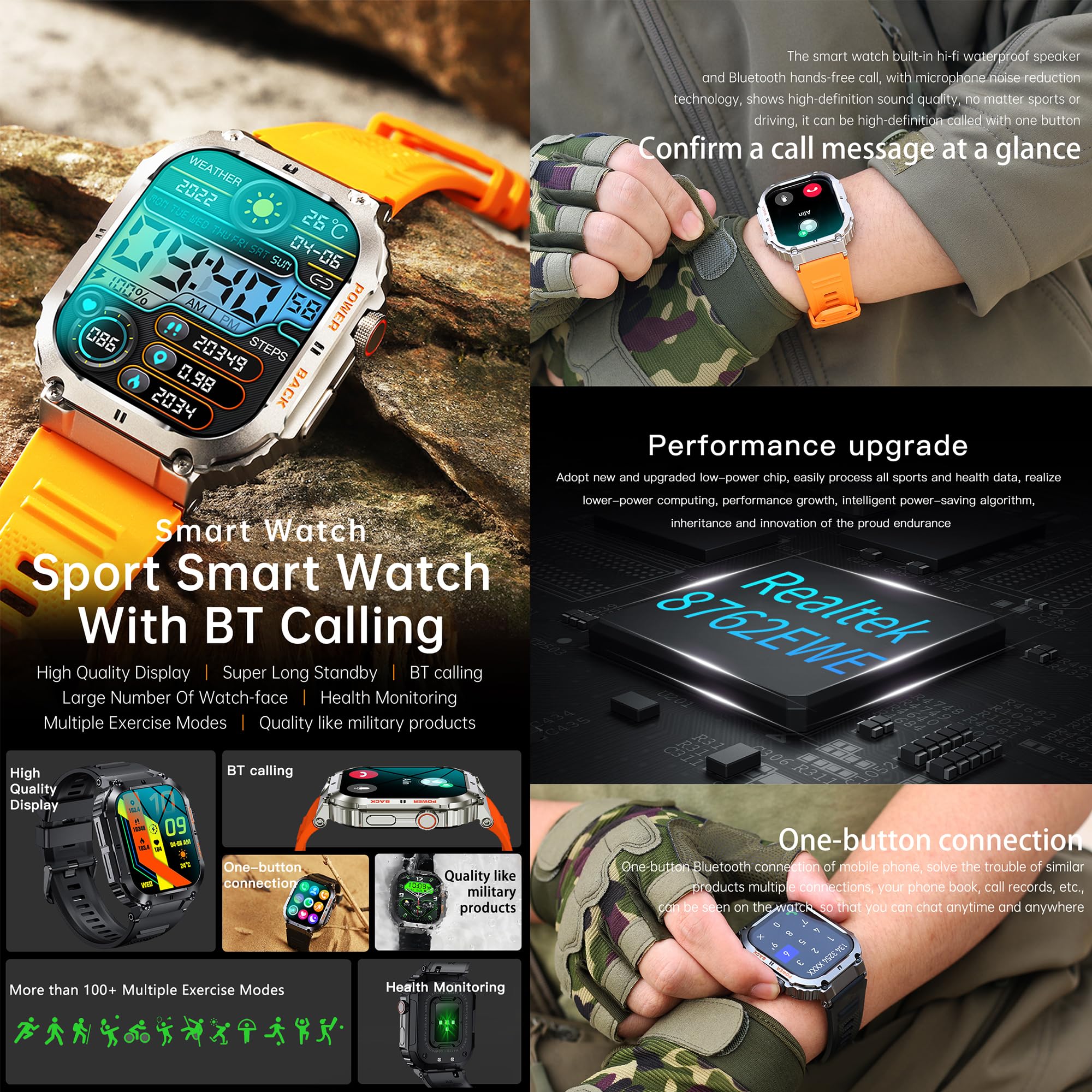 Montre Connectée Homme avec Appel Bluetooth 5.1/Numérotation, 1.96" Smartwatch avec 123 Sportifs Cardiofrequencemètre Moniteur de Sommeil, 3 Bracelets, Fitness Tracker pour Android iOS (Noir)