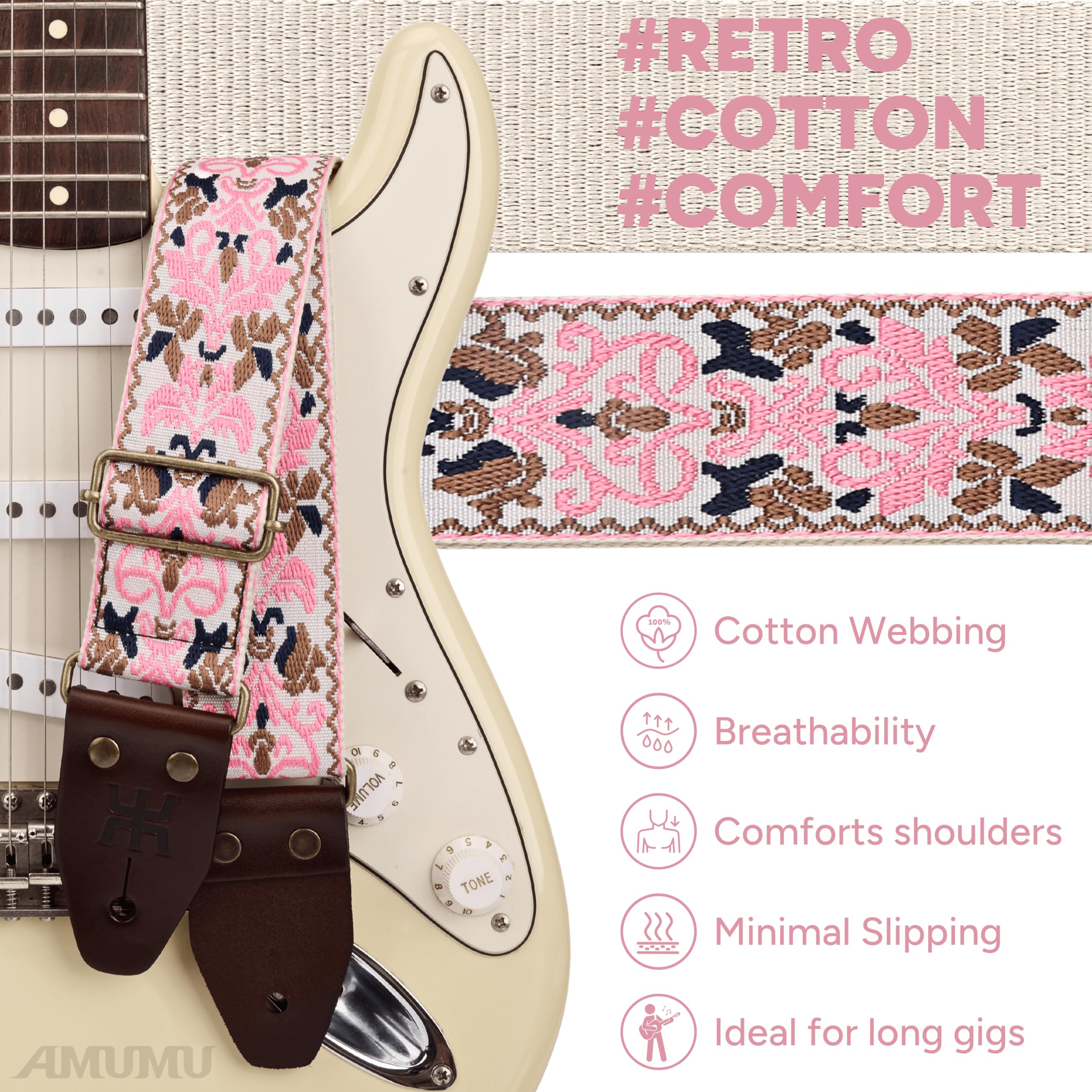 Amumu Pink Spades Heart Embroidery Guitar Strap, Vintage Style with Top Grain Cowhide Leather Ends & Pick Pocket, Fits Bass - Image 4