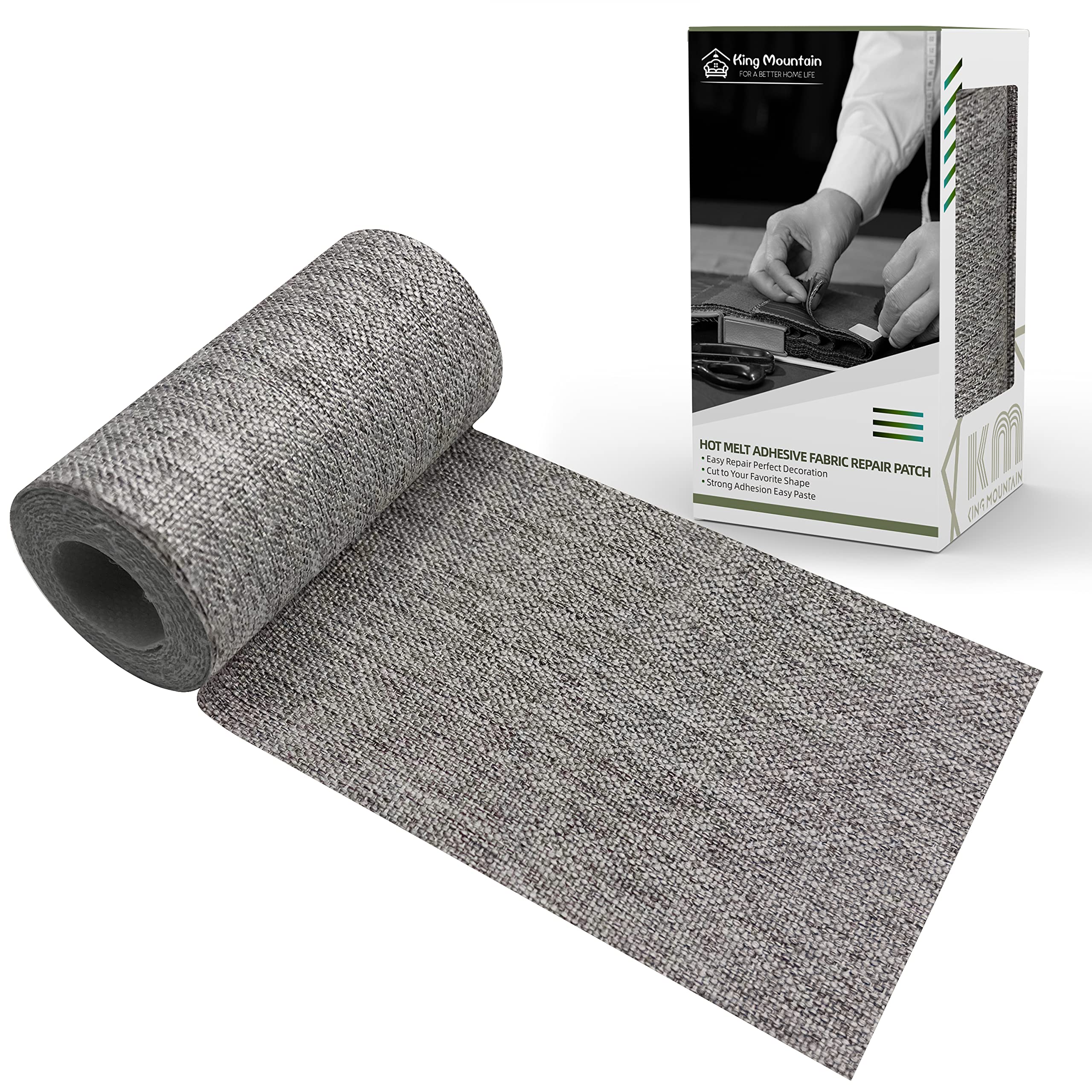 King Mountain Premium Linen Fabric Iron-on Repair Patch, Inside&amp;Outside 3"x60" With Backing Glue, Decorative Kit (Medium Grey)