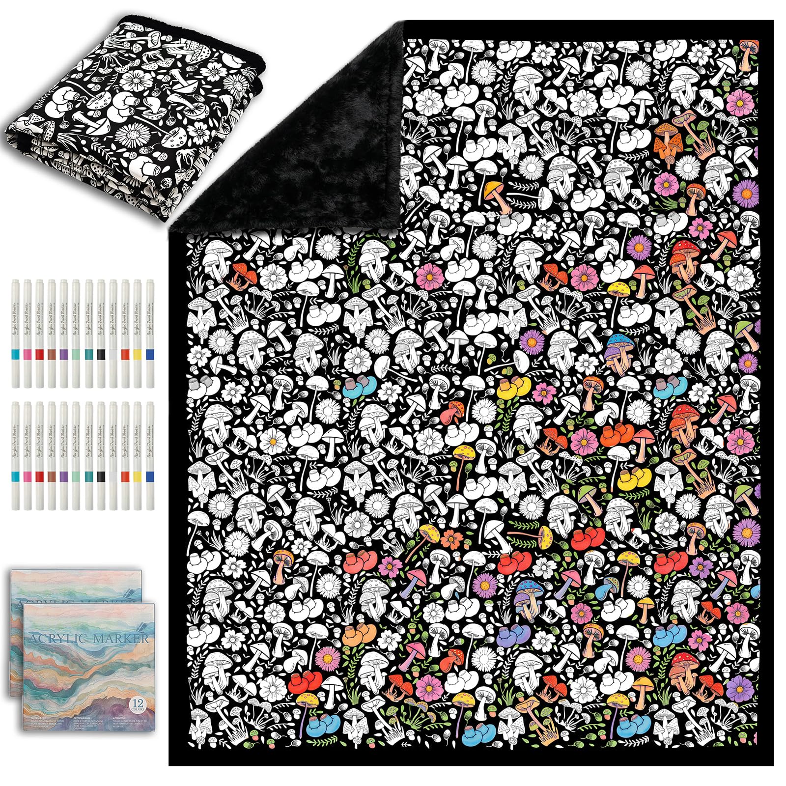 ZHOYIMIMI DIY Cozy Coloring Blankets for Adults & Kids -24 Markers | 50" x 60", Machine Washable, Cozy Velvet, Printed Patterns, ideal for daily use, home decor and kids spaces, Gift Wrapped