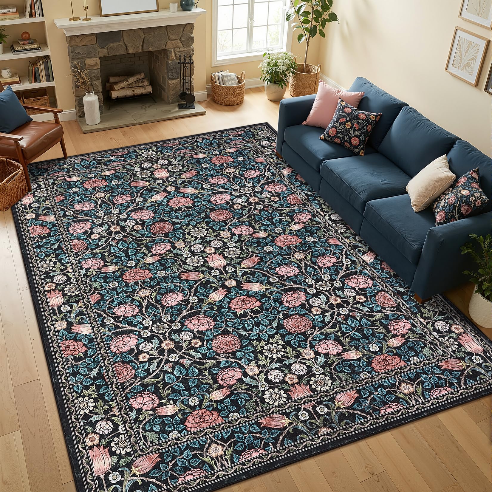 GarveeHome Blue Floral Washable Rug 5x7 for Bedroom Living Room | Nursery Dorm Office Rug Vintage Boho Rugs Low-Pile Non-Slip Stain Resistant TPE Backing