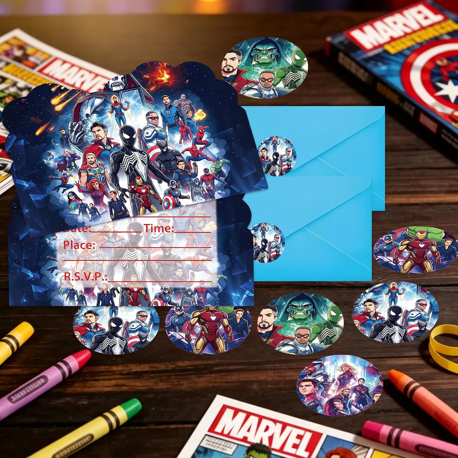 16pcs Super Theme Hero Birthday lnvitation Cards Gift Cards with Envelopes and 16pcs Cartoon Stickers Party Decorations for Theme Party Supplies 4x6 Inches