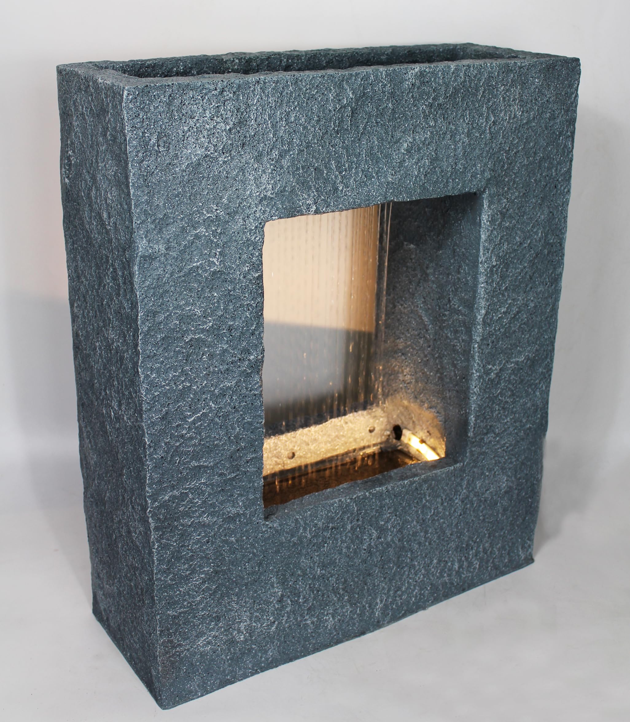 Fuente de jardín con iluminación LED 65x53 cm, fuente de habitación, fuente de piedra, cascada de agua, rectangular, blanco cálido, fuente de jardín, decoración de jardín