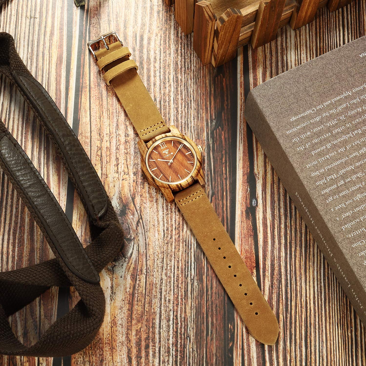 VICVS Orologi in legno per uomo e donna, noce naturale/legno di ulivo cronografo al quarzo giapponese, cinturino regolabile, sport militari e tempo libero