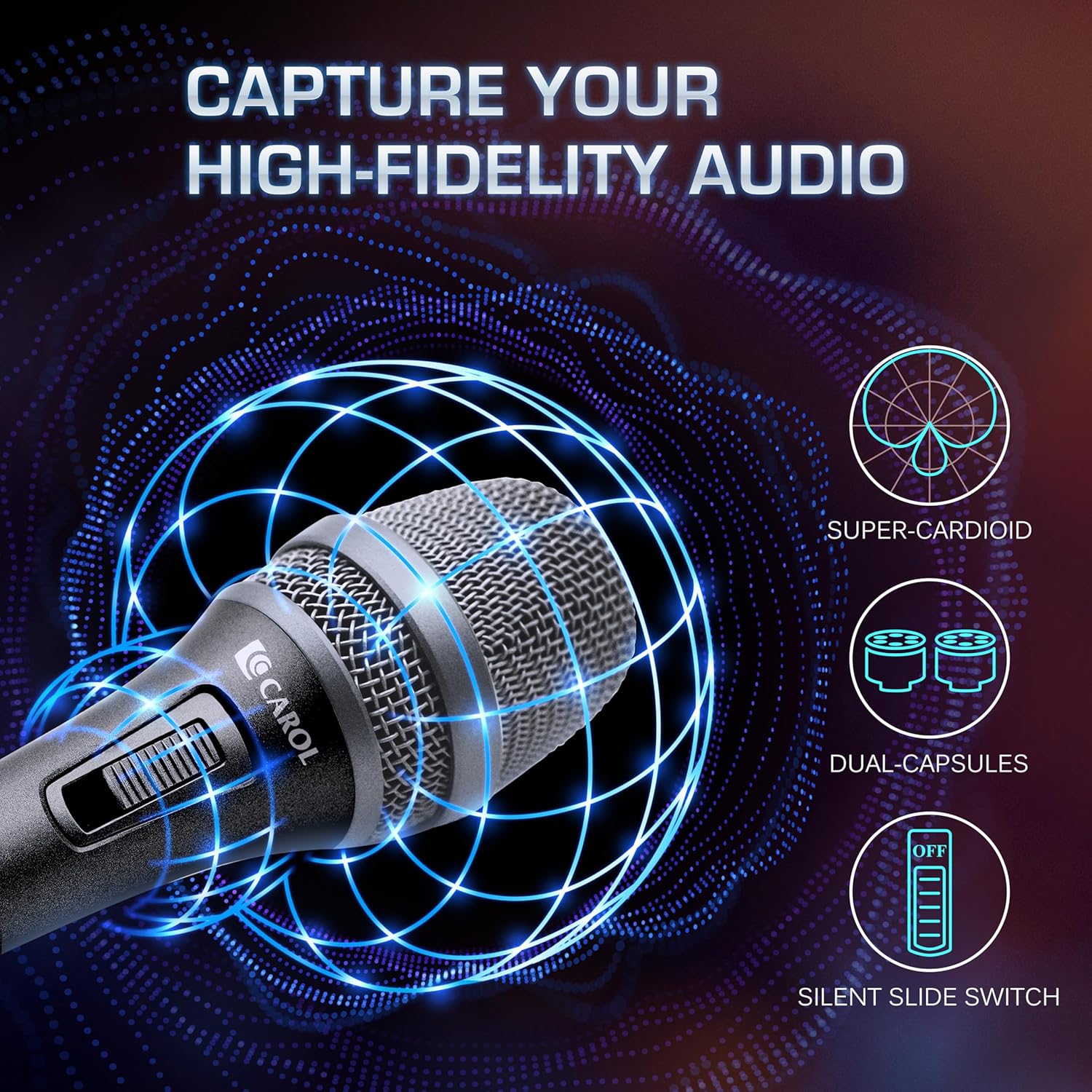 CAROL AC-900S XLR Wired Vocal Microphone – Dynamic Supercardioid Mic with Dual-Engine AHNC Noise Cancelling Tech for Singing, Karaoke, Stage & Studio, Includes Mic Clip, 14.8ft Cable & Switch - Black - Image 5