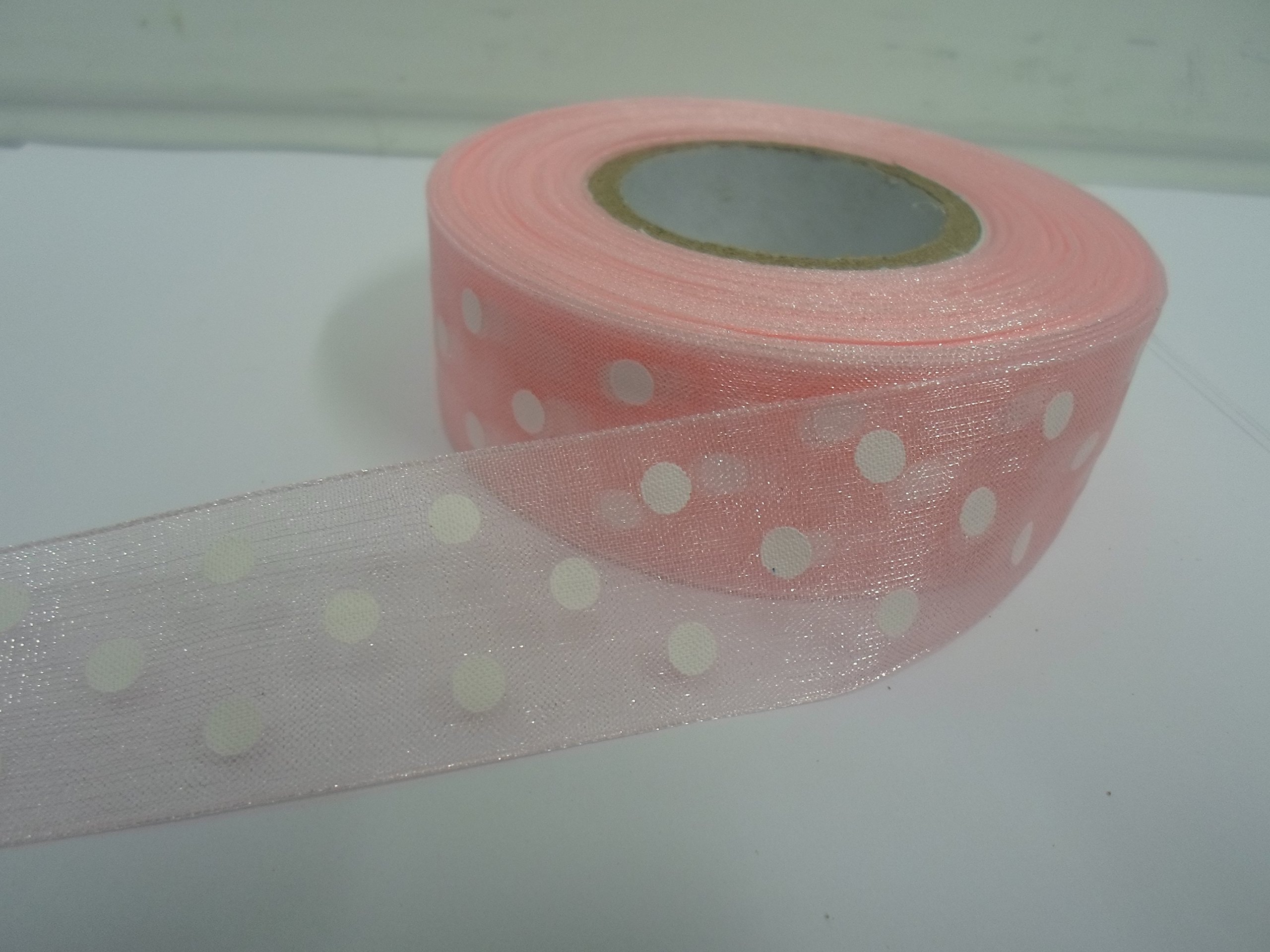 2 metres (Cut from Reel) x 25mm Polka dot Sheer Organza Ribbon Baby Light Pink with White Spots dots 25 mm 2.5cm 1" 1 Inch