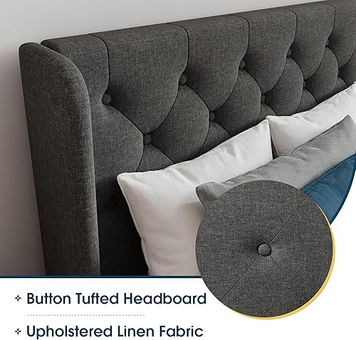 Miniatura 10 de WEEWAY Base de cama tapizada de tamaño matrimonial con cabecera copetuda con respaldo de alas, plataforma moderna con soporte de listones de madera,