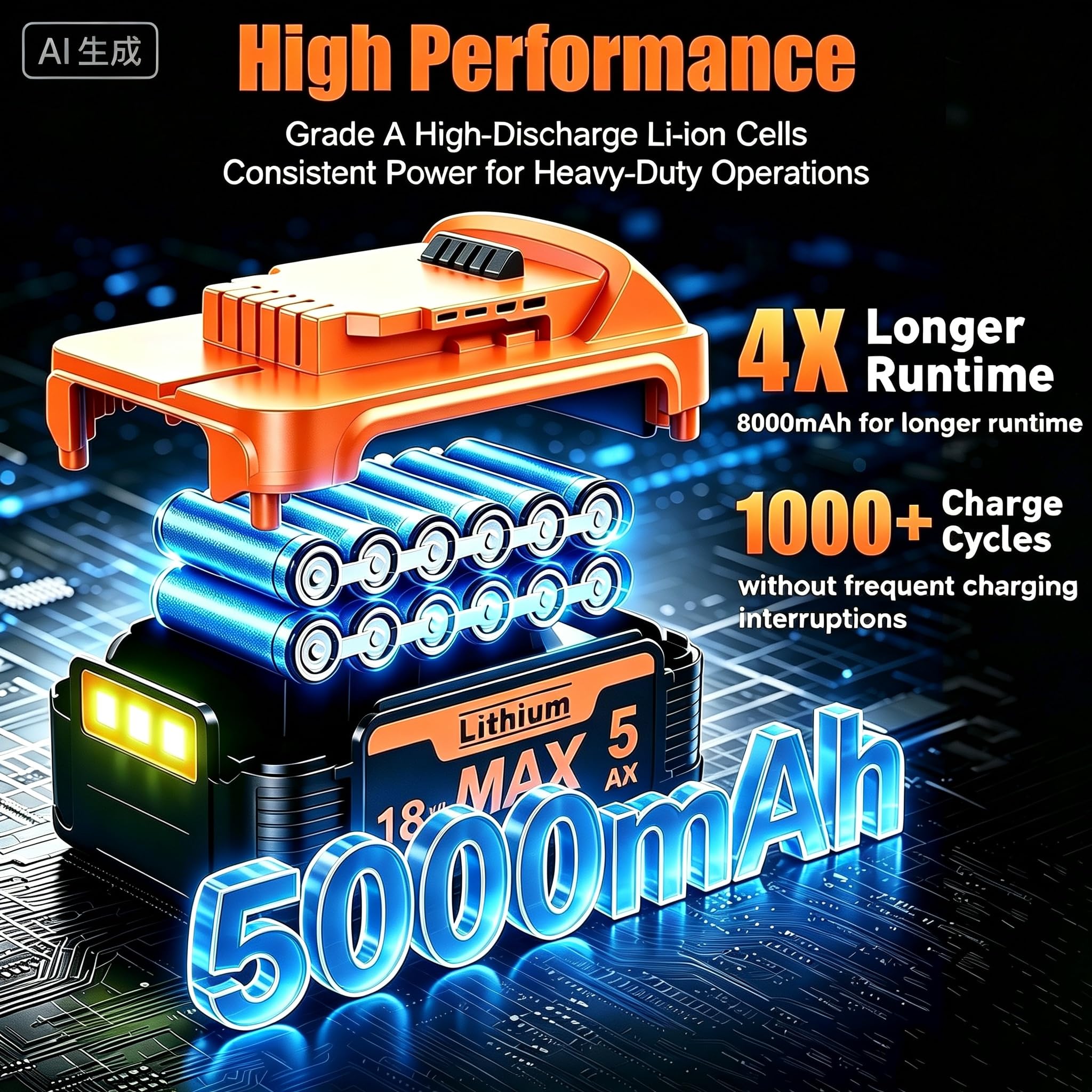 Lot de 2 batteries de rechange 5000 mAh pour batterie Dewalt 18 V + 4 A