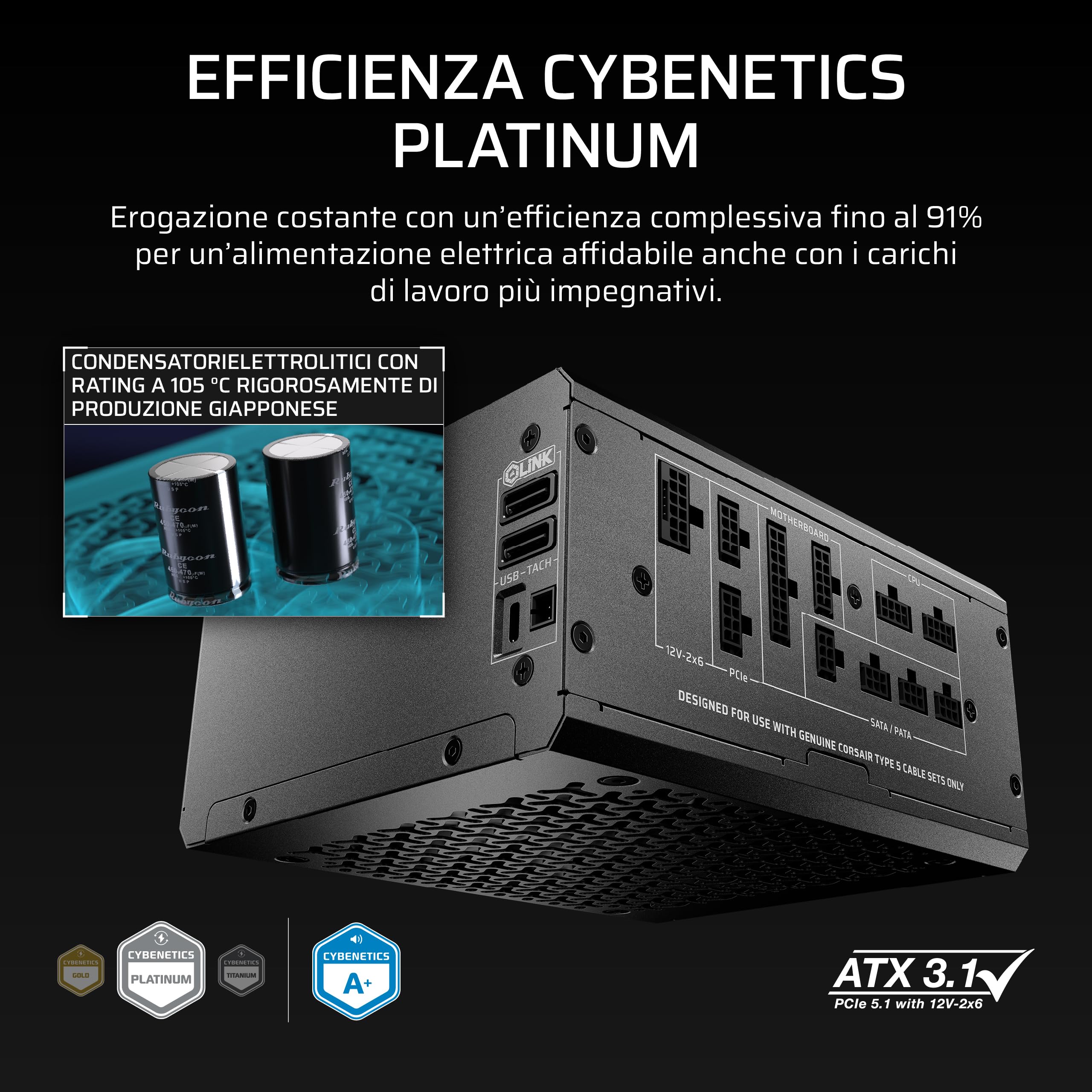 CORSAIR HX1000i SHIFT Alimentatore ATX completamente modulare – Nero | Hub di sistema iCUE LINK integrato, cavo nativo 12 V 2x6, ATX 3.1 e PCIe 5.1, Cybenetics Platinum