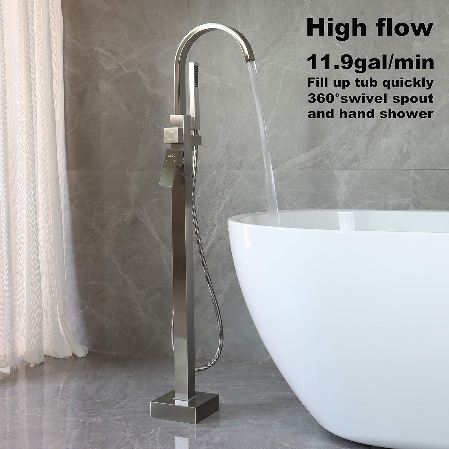 Freestanding Tub Fillers Brushed Nickel Floor Mounted Bathtub Faucets Mount Faucet Fillers LLGG High Flow Rate 11.9GPM Bathroom Metal With Handheld Shower RIGOBAL