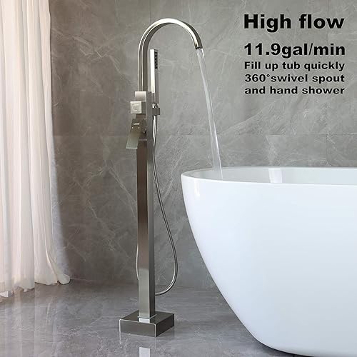 Miniatura 9 de Grifos de bañera independientes Llenadores de bañera negros Montaje en el piso Llenador de grifo para bañeras Bañeras de alto flujo 11.9GPM baño con