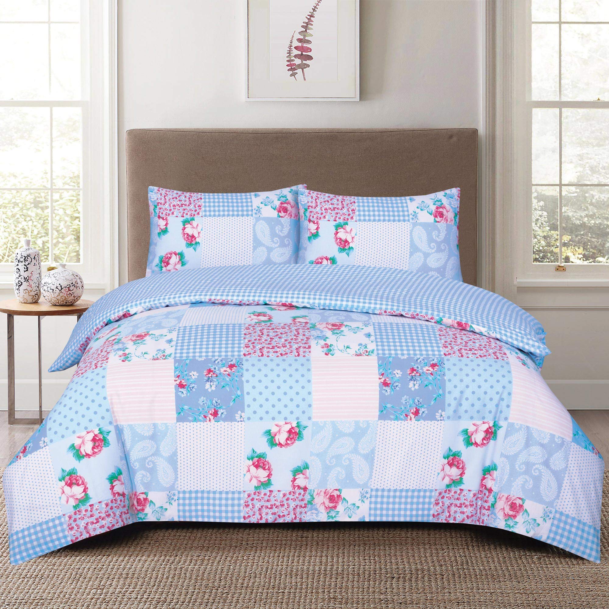 THL 4 Pieces Complete Bedding Set Duvet Quilt Cover Fitted Sheet Pillowcase Poly Cotton (Ptch Blue, Comp Superking)