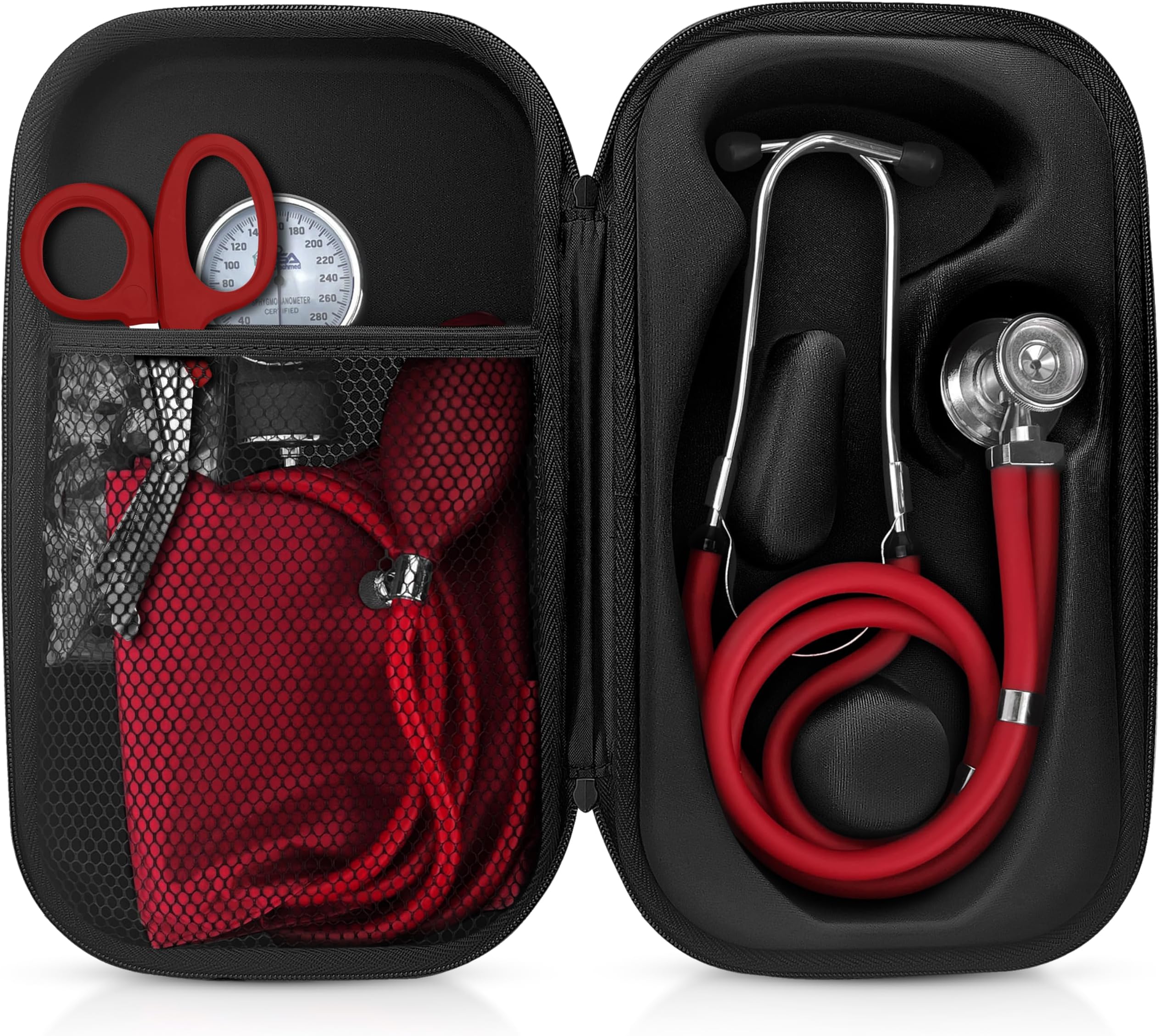 Medical Starter Kit – Stethoscope, Durable Blood Pressure Monitor, EMT Shears & Protective Carrying Case – Ideal for Healthcare Students & Professionals, Red