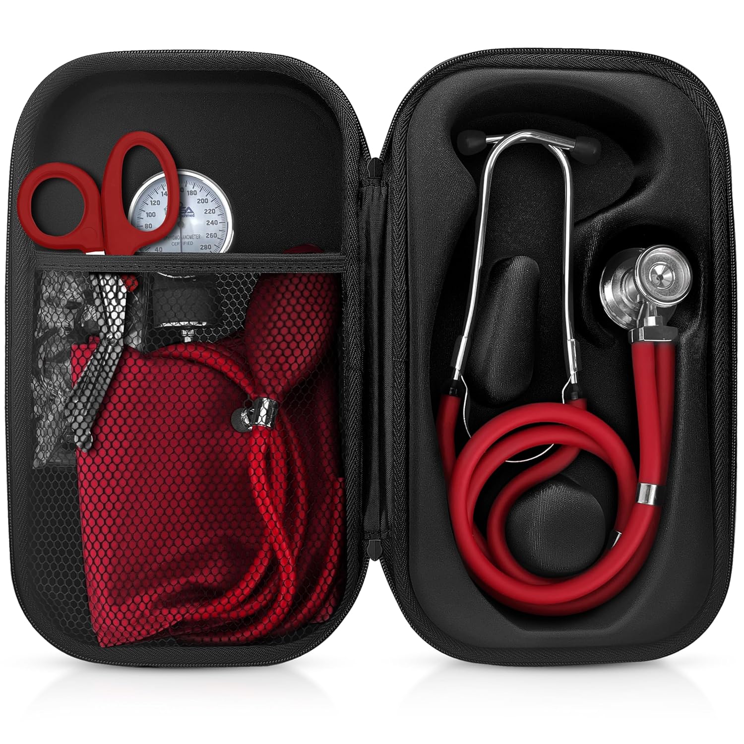 ASA TECHMED Medical Starter Kit – Stethoscope, Durable Blood Pressure Monitor, EMT Shears & Protective Carrying Case – Ideal for Healthcare Students & Professionals, Red