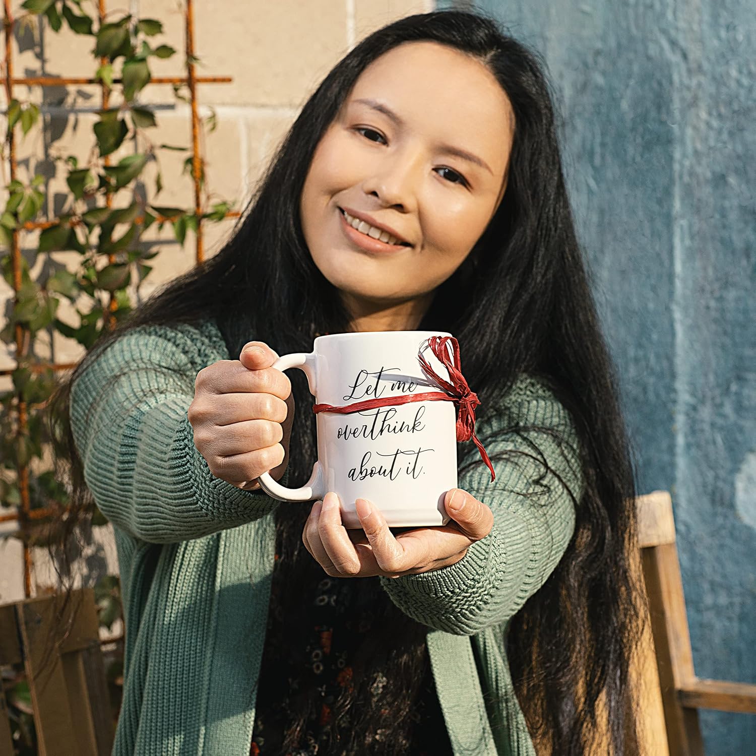 NoCry “Let Me Overthink About It” Coffee Mug; Cute 15 oz White Ceramic Cup with a Cool, Funny Slogan; Great Unique Novelty or Birthday Gift