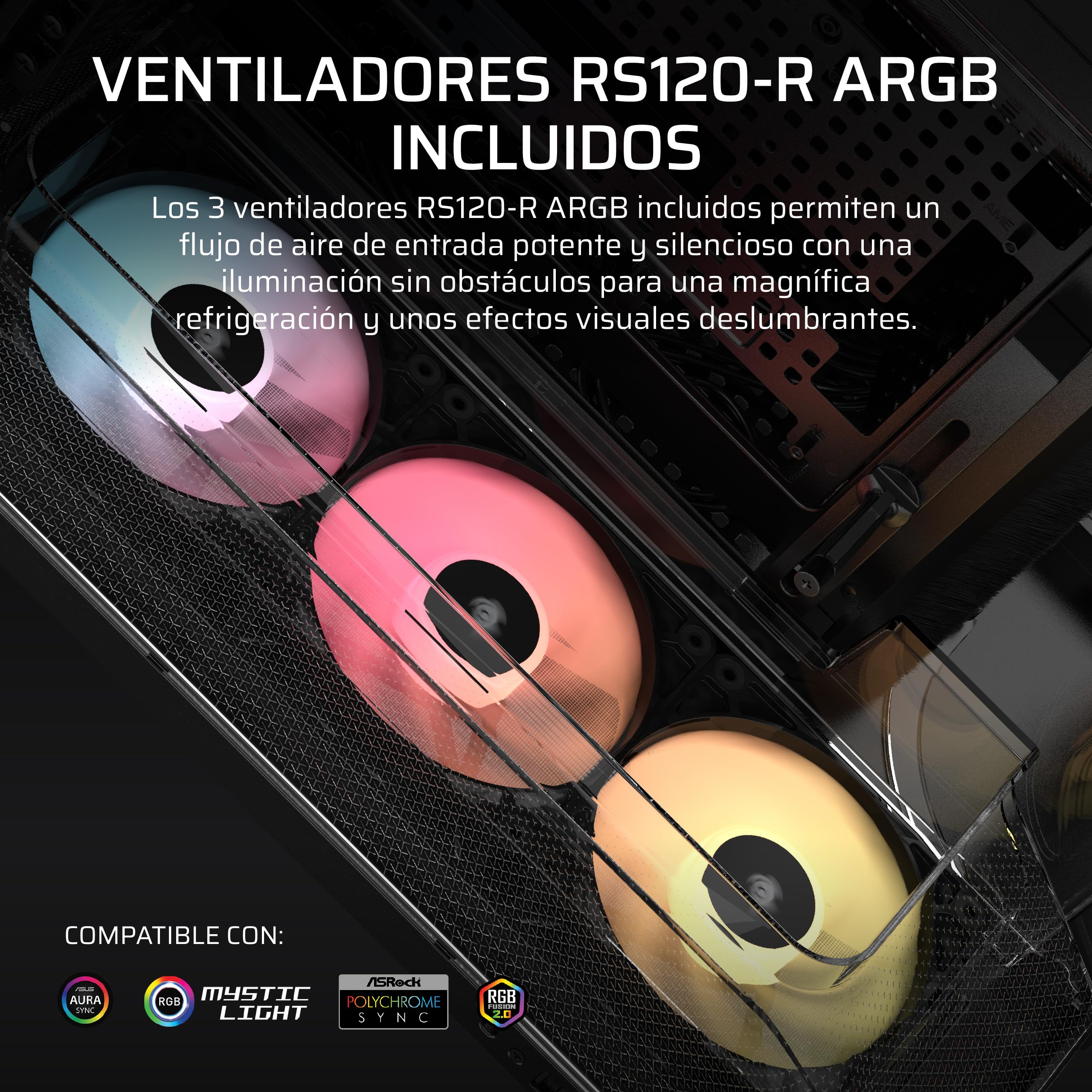 CORSAIR Air 5400 RS-R ARGB Caja para PC semitorre panorámica de Triple cámara – 3 Ventiladores RS120-R ARGB Reverse-Rotor preinstalados – conductos de Alto Flujo y bajo Ruido – Negro
