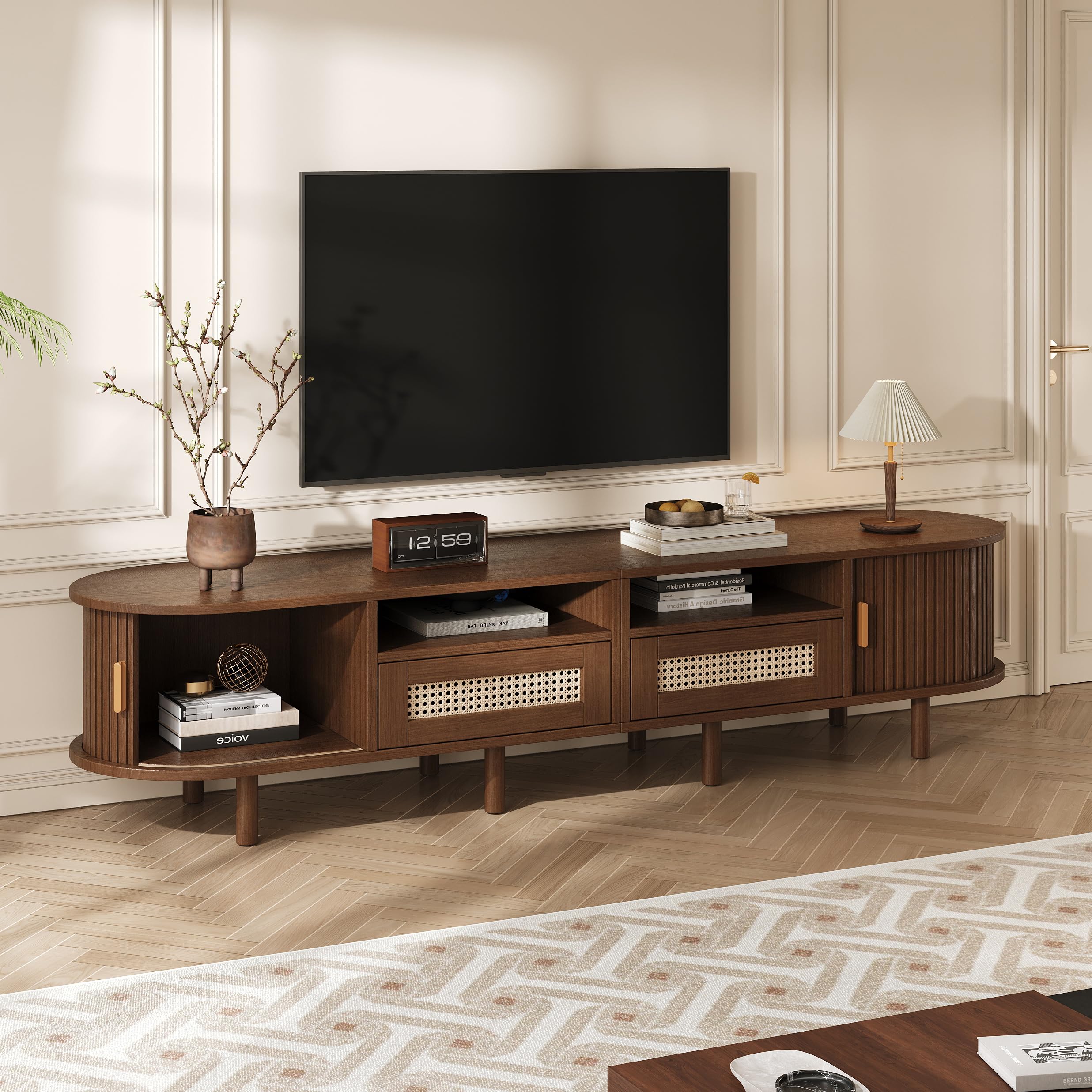 ModernLuxe Mobile TV Ovale e Tavolo TV per 70 Pollici, con 2 Cassetti in Rattan, 2 Ante Scorrevoli, Credenza Bassa, 170 * 40 * 40 cm Color Noce