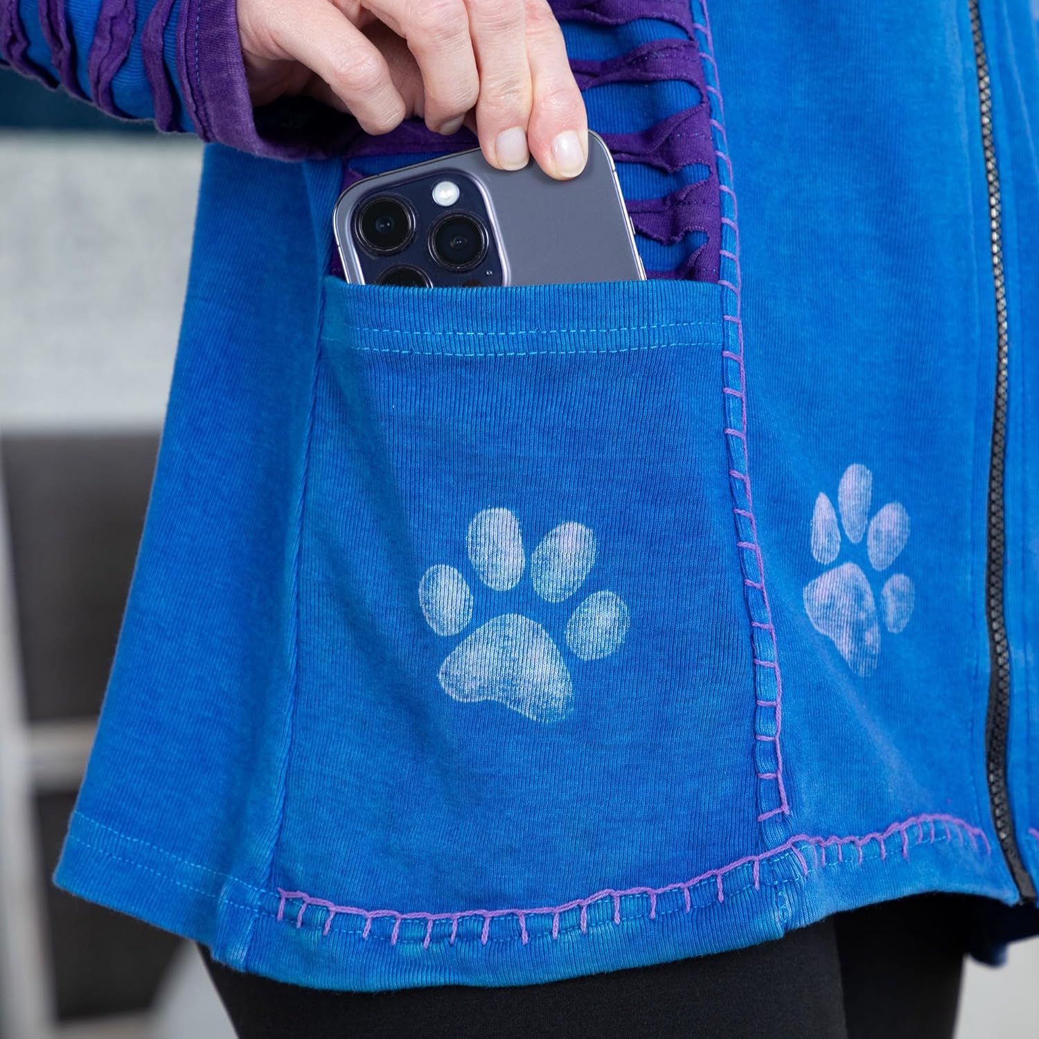GreaterGood Blue Purple Paw Print Hooded Jacket Handmade Fair Trade Zippered Artisan-Made Gifts for Women Mom Ladies
