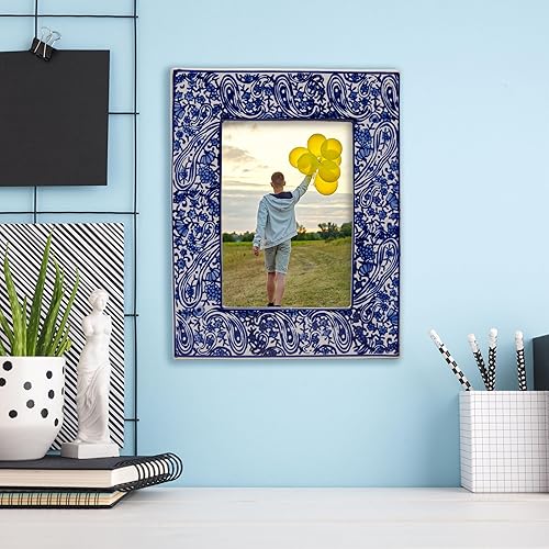 Miniatura 7 de Mikasa Marco de fotos de cerámica Paisley, muestra una foto de 5 x 7 pulgadas, azul y blanco