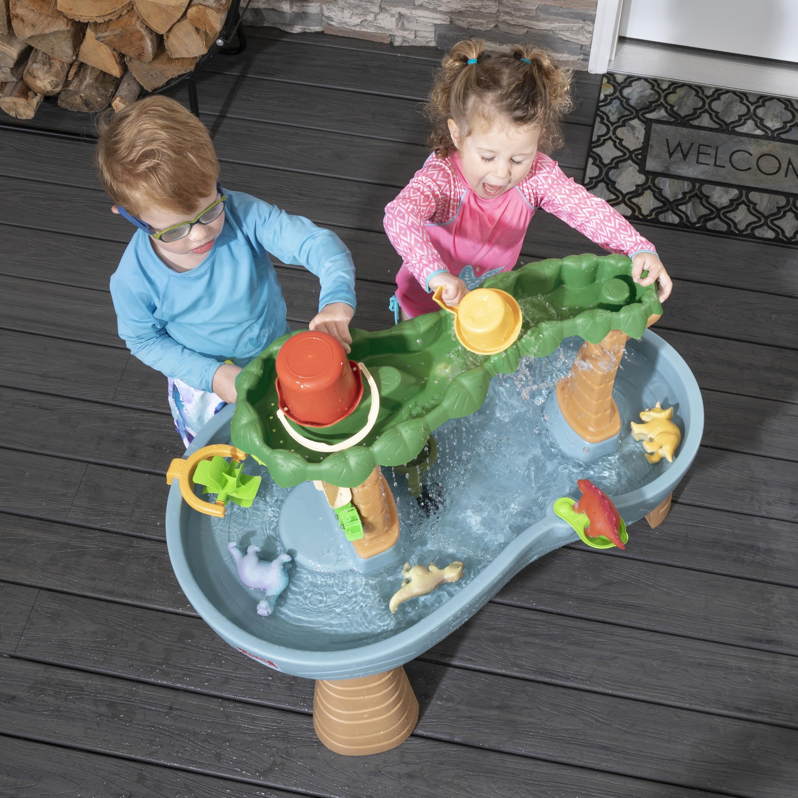 Step2 Dino Showers Mesa de Agua y Arena con 13 Accesorios, Azul y Marron, Juegos de Agua para ninos